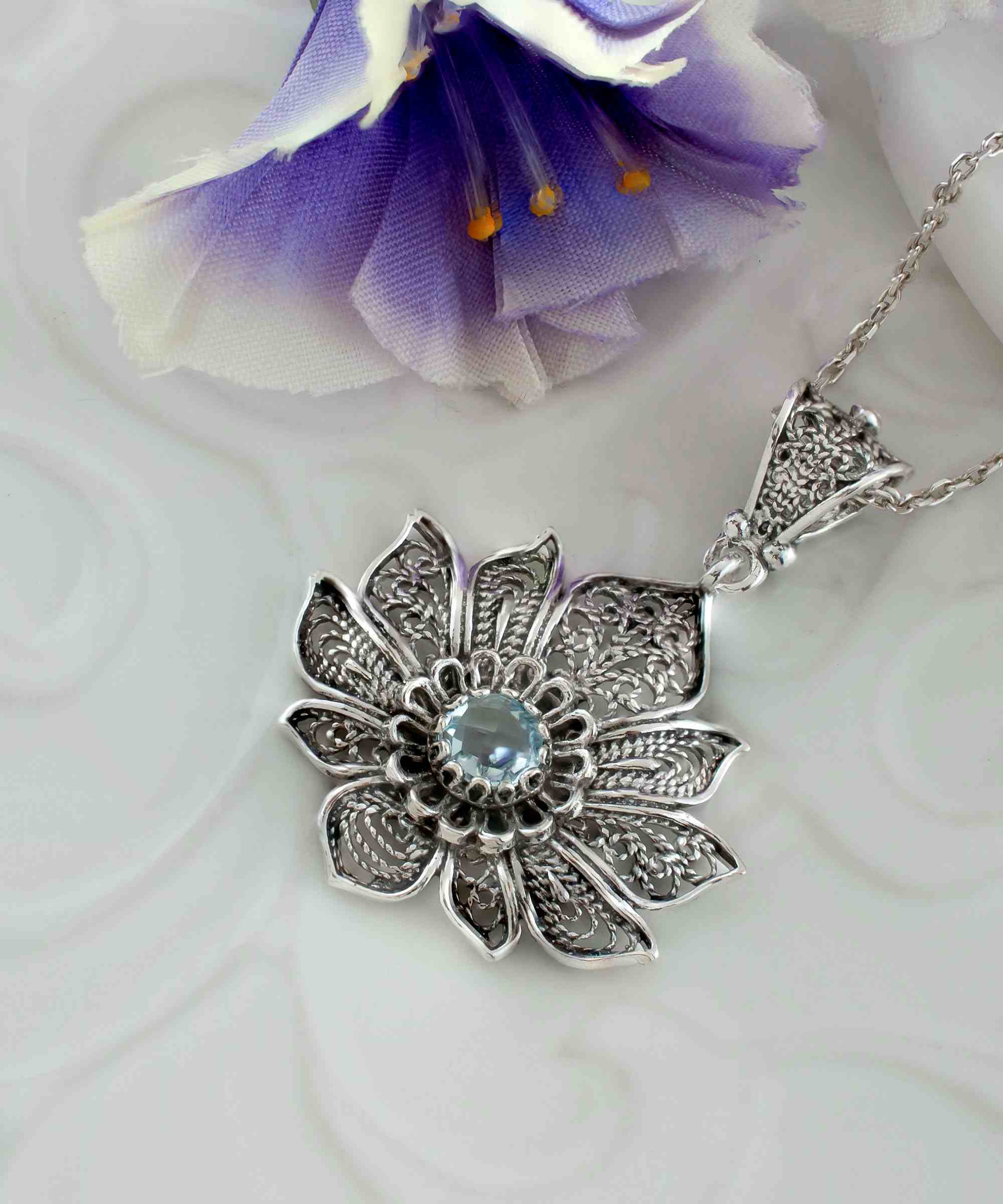 Handcrafted 925 Sterling Silver Lotus Flower Pendant with Blue Topaz gemstone, showcasing intricate filigree design.