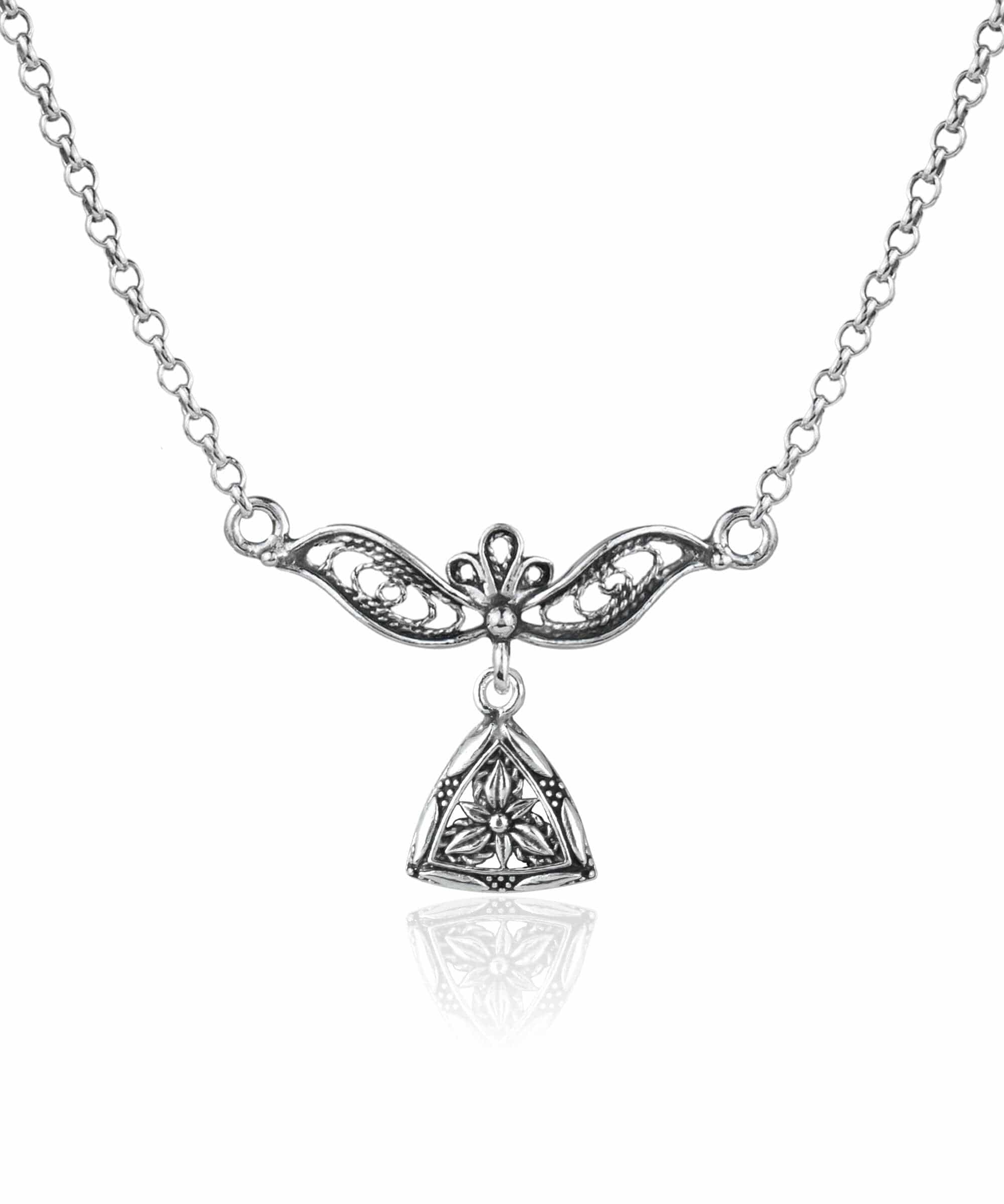 Elegant 925 sterling silver choker necklace featuring a filigree art triangle lotus design, showcasing intricate craftsmanship.