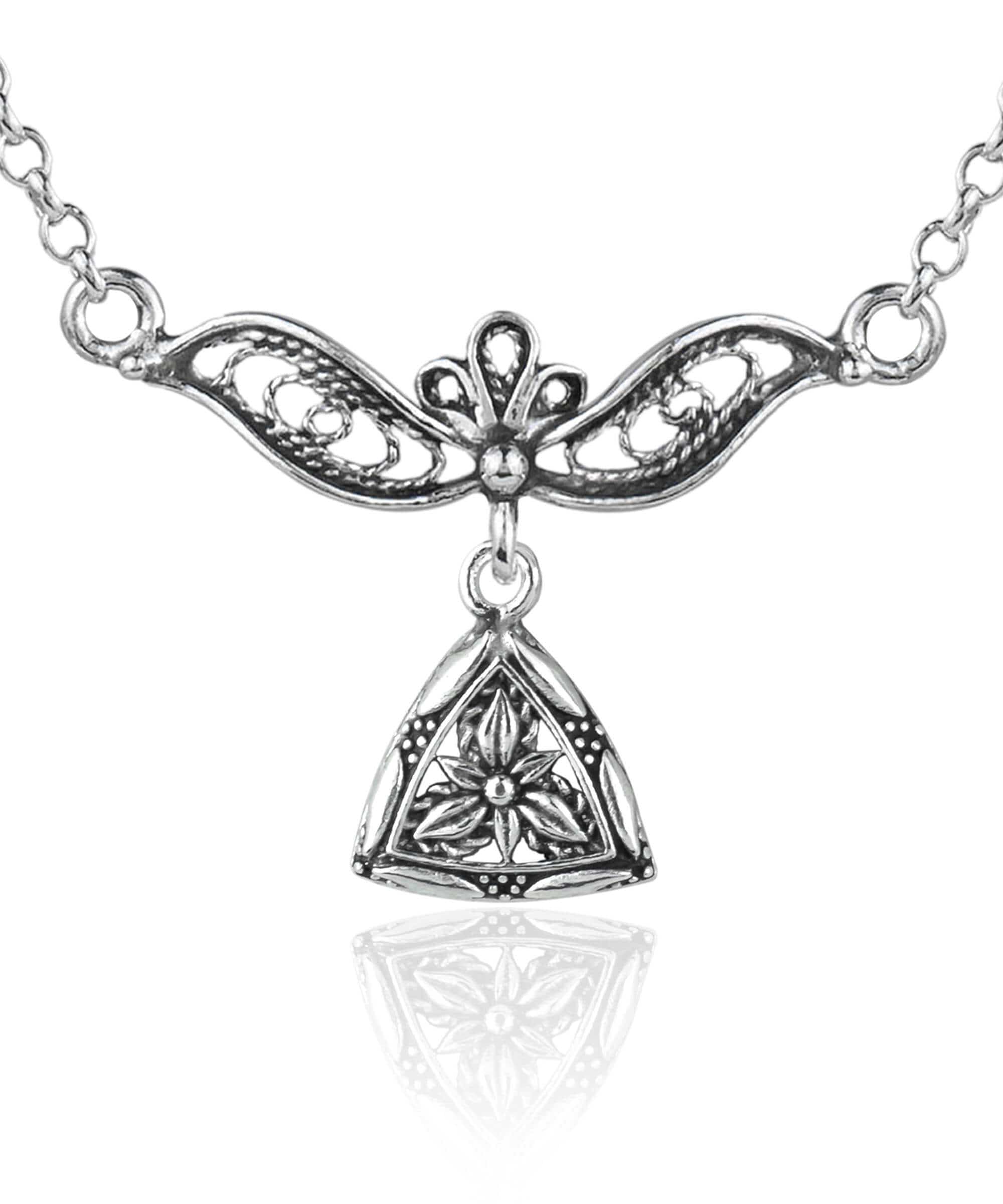 Elegant 925 sterling silver choker necklace featuring a filigree art triangle lotus design, showcasing intricate craftsmanship.