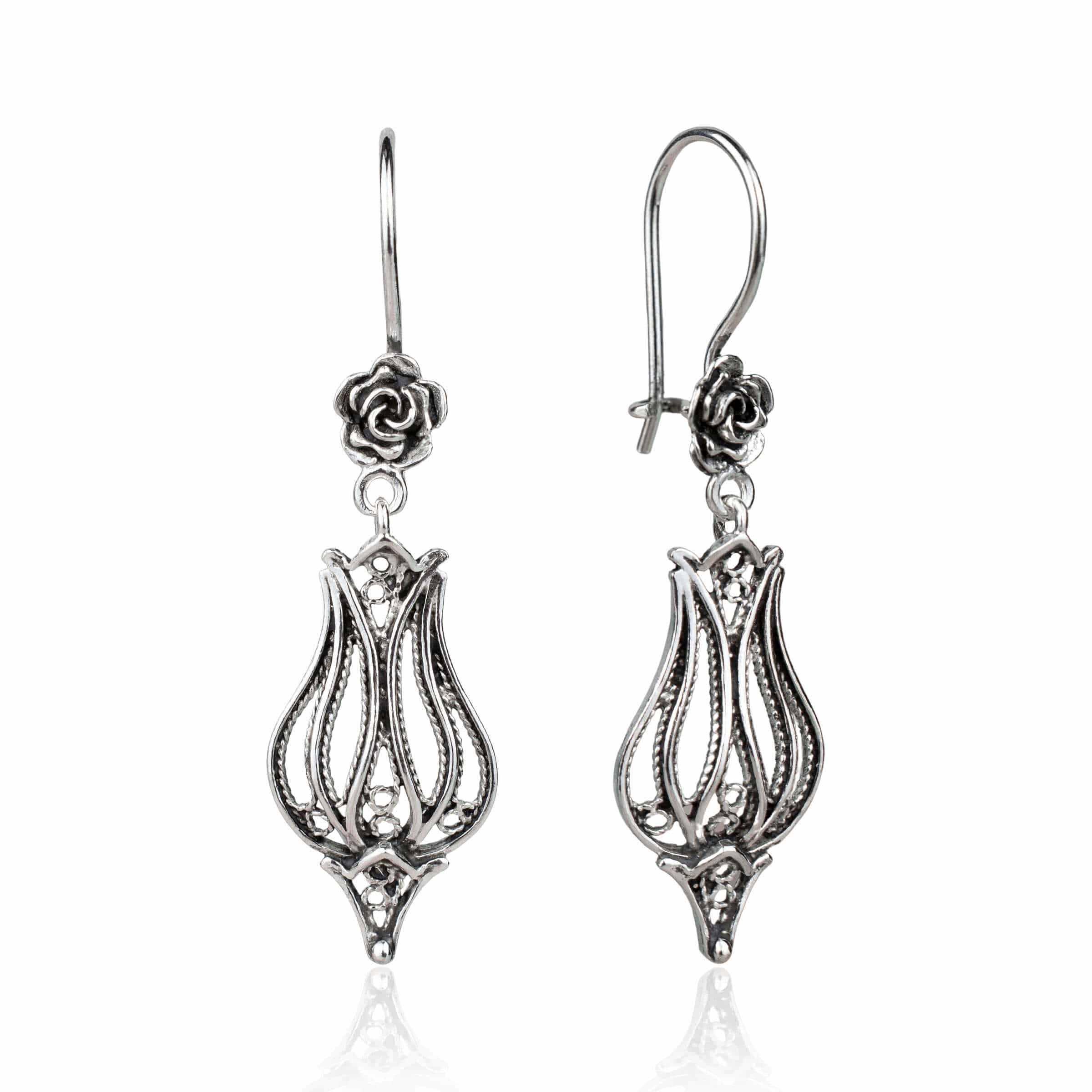 Elegant handmade sterling silver dangle drop earrings featuring a tulip design with intricate filigree detailing.