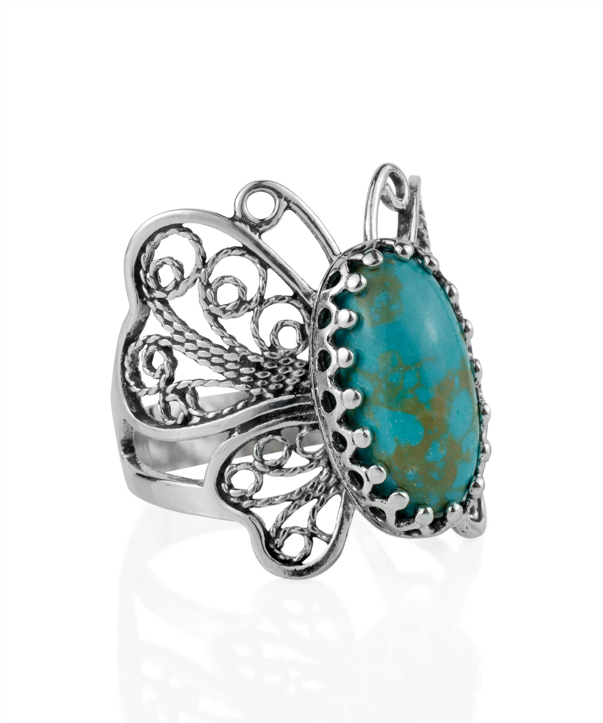 Sterling silver filigree butterfly cocktail ring featuring a turquoise gemstone, elegantly designed for women.