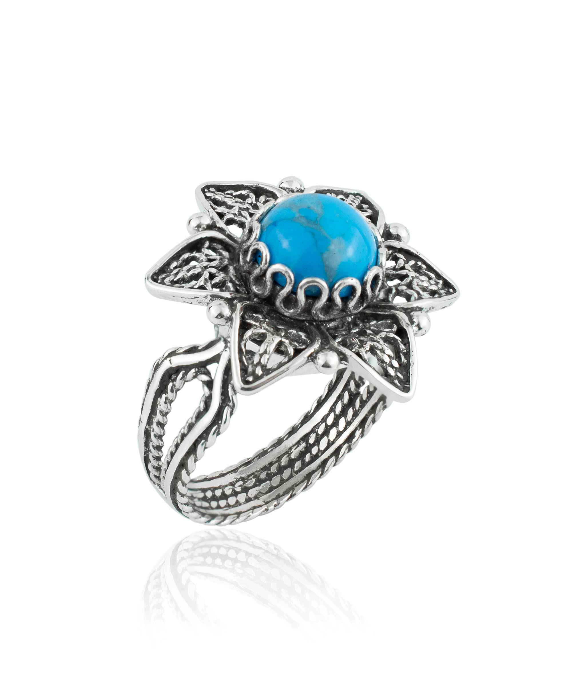 Elegant 925 sterling silver cocktail ring featuring a turquoise gemstone and intricate daisy flower filigree design.