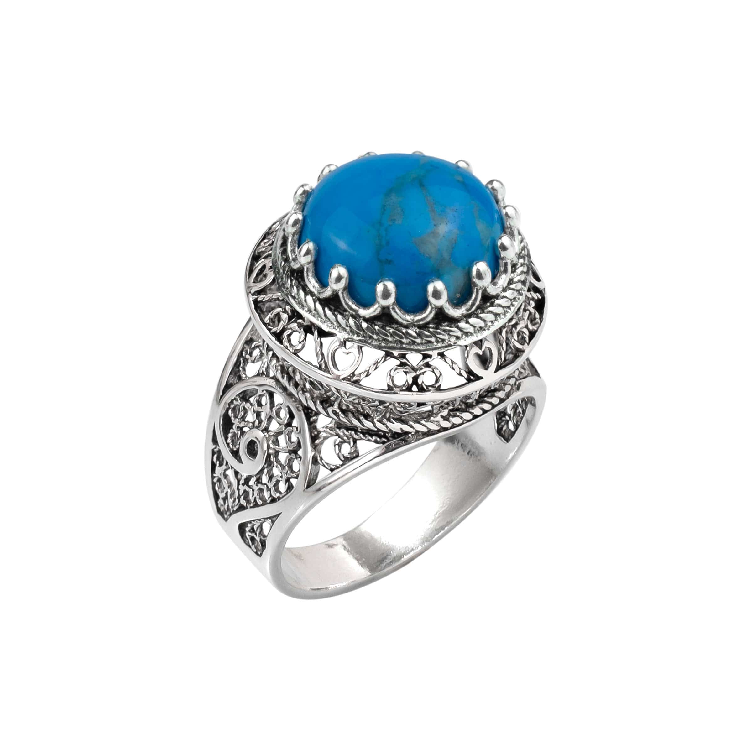 A stunning silver statement ring featuring intricate filigree art and a vibrant turquoise gemstone centerpiece, elegantly displayed.