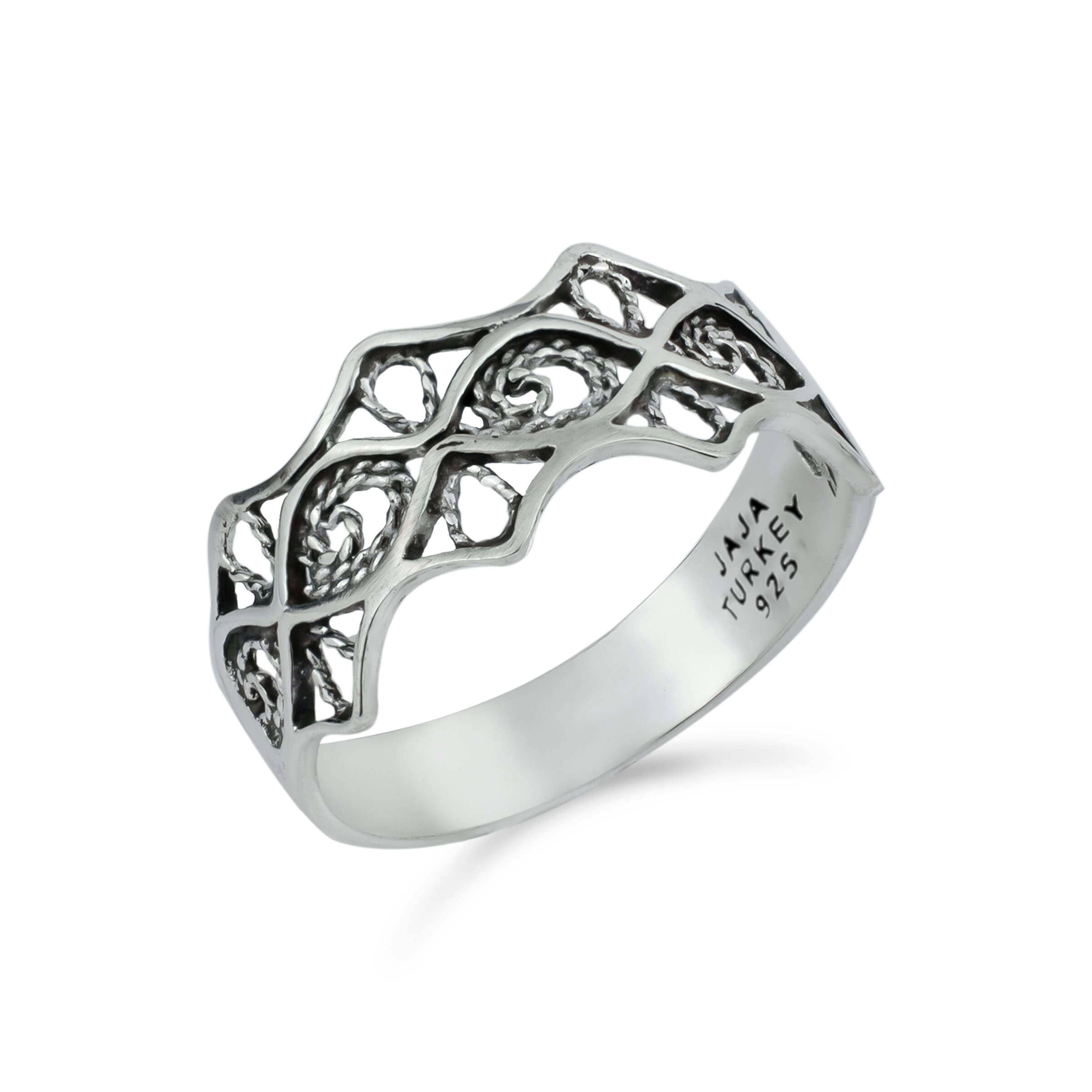 Filigree Art Women Sterling Silver Eye of Horus Band Ring showcasing intricate design and polished finish.