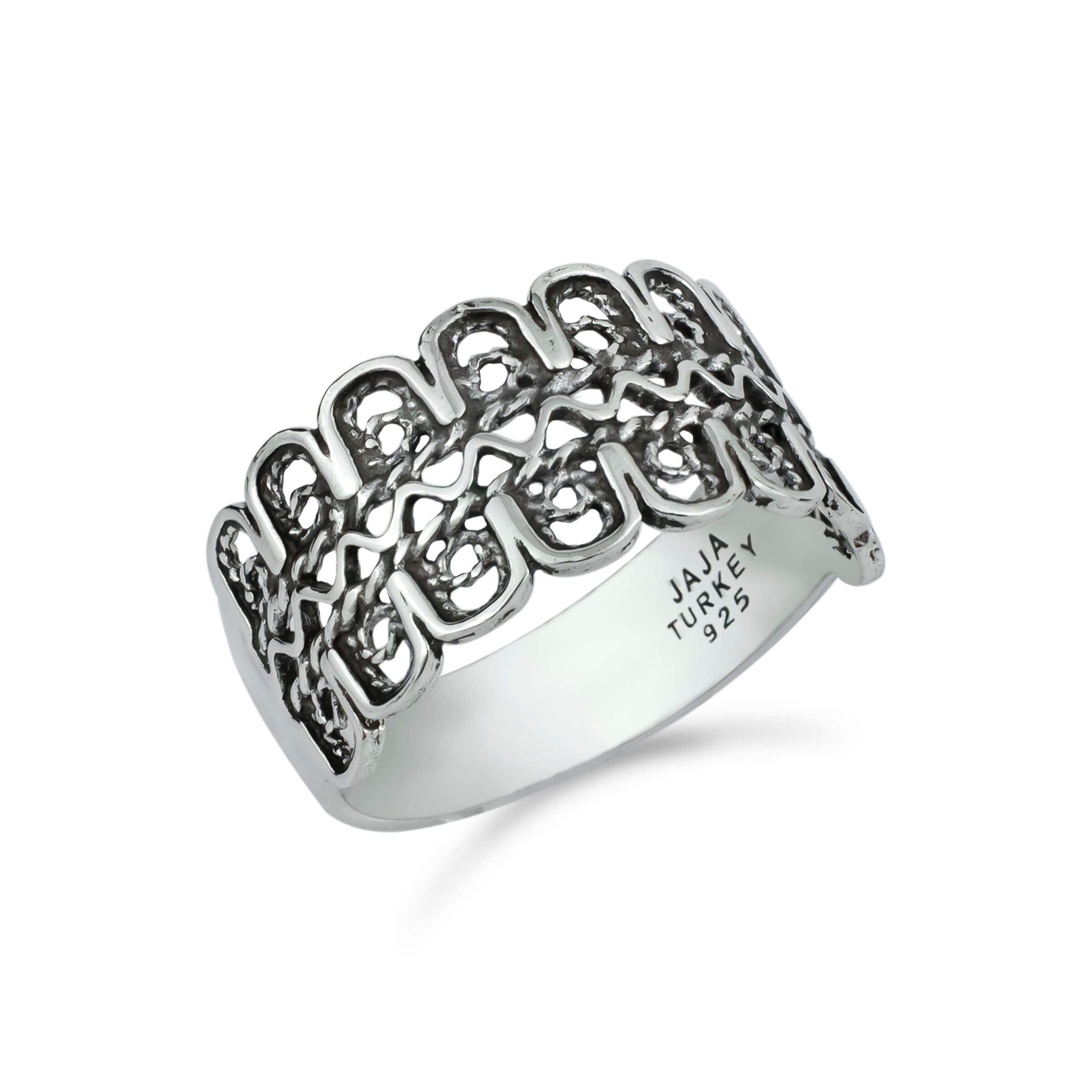 Filigree Art Women Sterling Silver M Design Band Ring featuring intricate metal strands and a polished finish, elegantly displayed in a gift box.