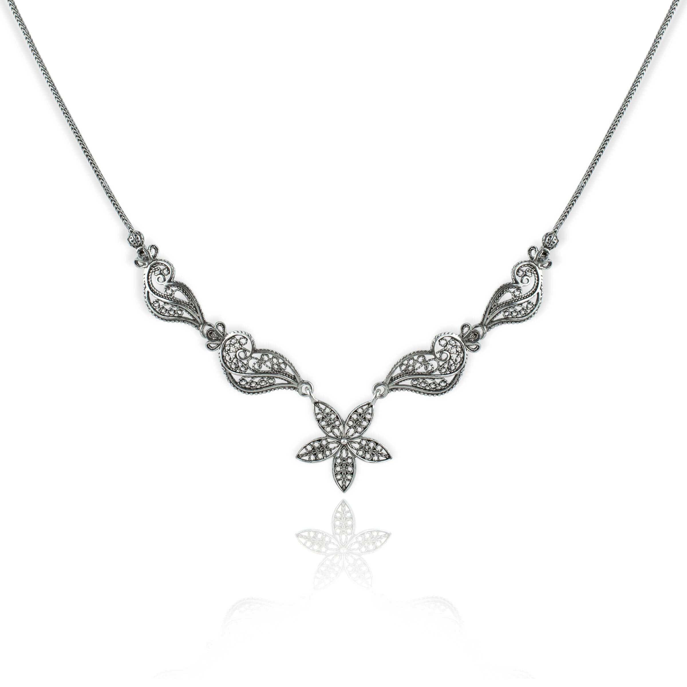 Elegant Filigree Art Women Sterling Silver Princess Necklace with intricate designs and lobster claw closure.