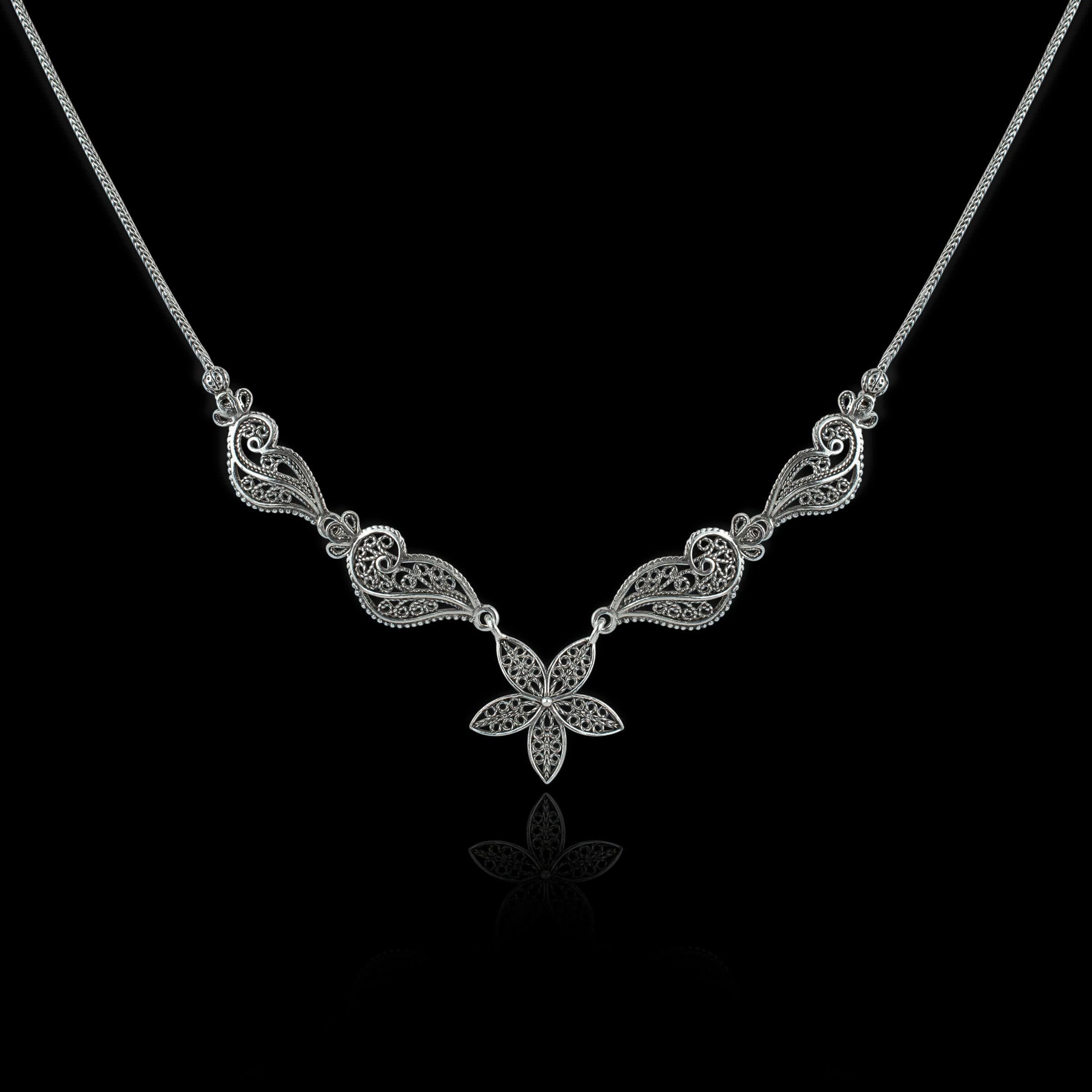 Elegant Filigree Art Women Sterling Silver Princess Necklace with intricate designs and lobster claw closure.