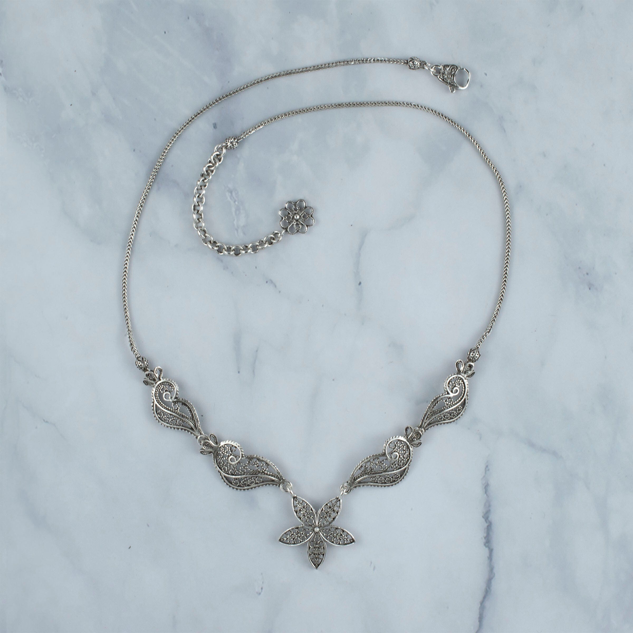 Elegant Filigree Art Women Sterling Silver Princess Necklace with intricate designs and lobster claw closure.