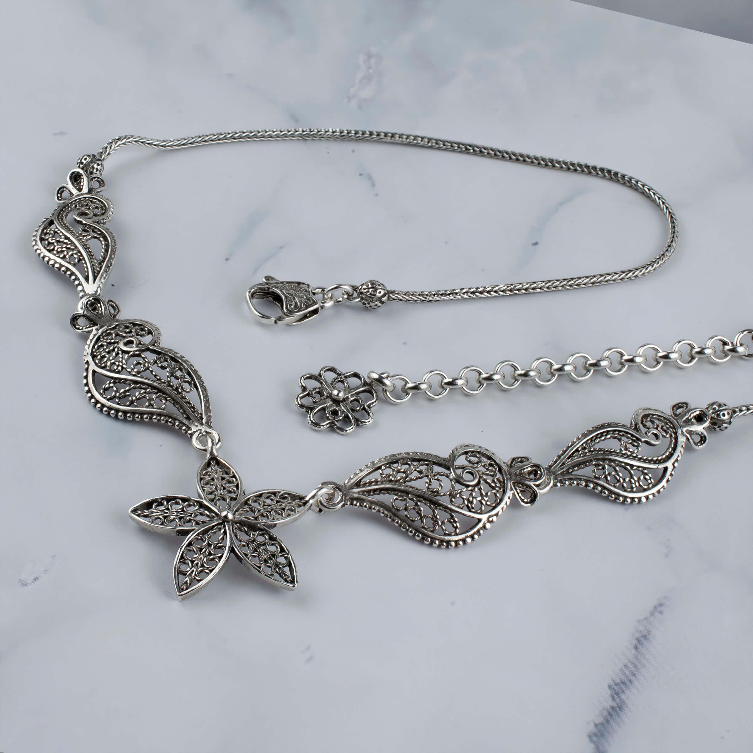 Elegant Filigree Art Women Sterling Silver Princess Necklace with intricate designs and lobster claw closure.