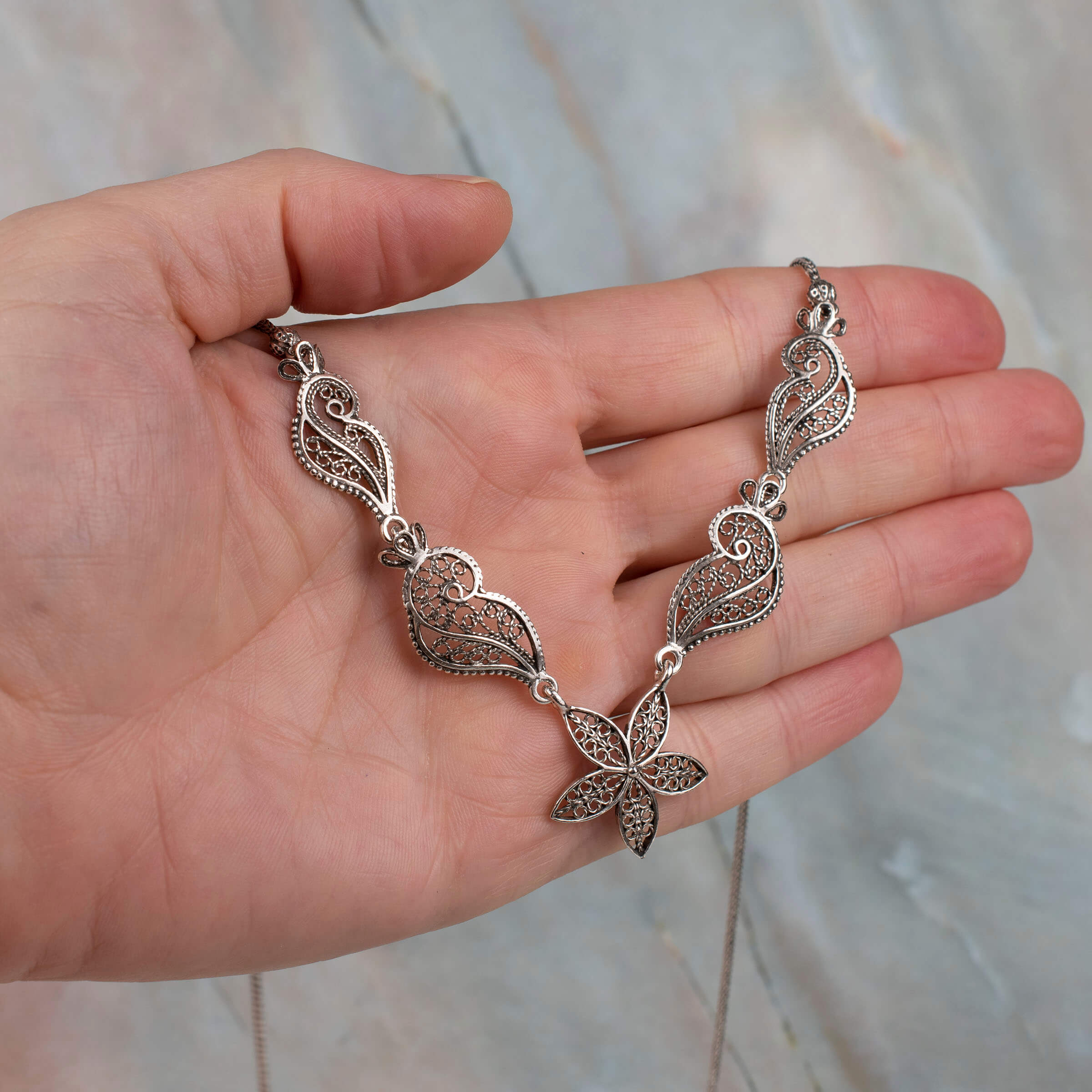 Elegant Filigree Art Women Sterling Silver Princess Necklace with intricate designs and lobster claw closure.