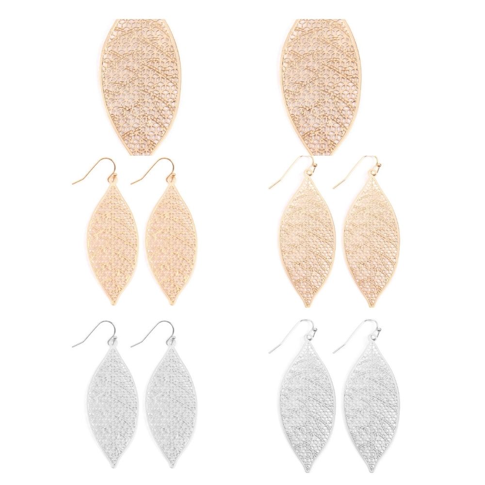 A pair of elegant Filigree Leaf Earrings in various colors, showcasing intricate leaf patterns made from base metal.