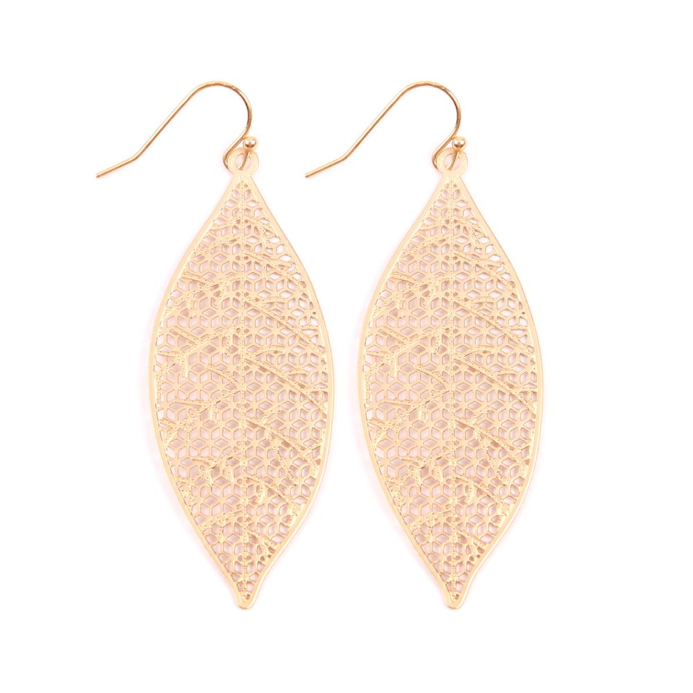 A pair of elegant Filigree Leaf Earrings in various colors, showcasing intricate leaf patterns made from base metal.