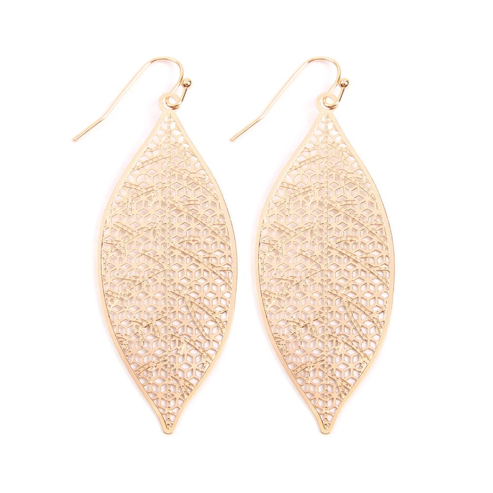 A pair of elegant Filigree Leaf Earrings in various colors, showcasing intricate leaf patterns made from base metal.