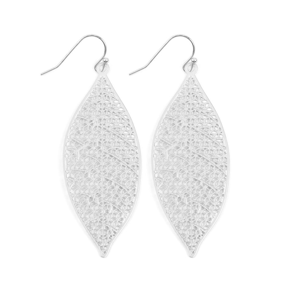 A pair of elegant Filigree Leaf Earrings in various colors, showcasing intricate leaf patterns made from base metal.