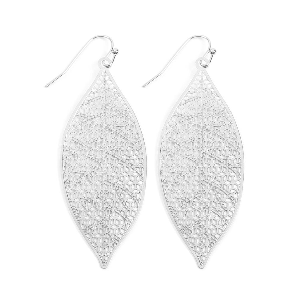 A pair of elegant Filigree Leaf Earrings in various colors, showcasing intricate leaf patterns made from base metal.