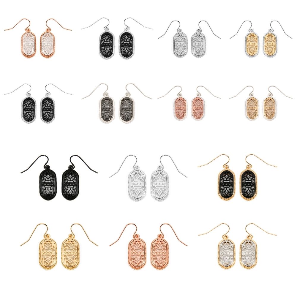 A pair of elegant filigree oval drop dangle earrings in various colors, showcasing intricate designs and a lightweight structure.