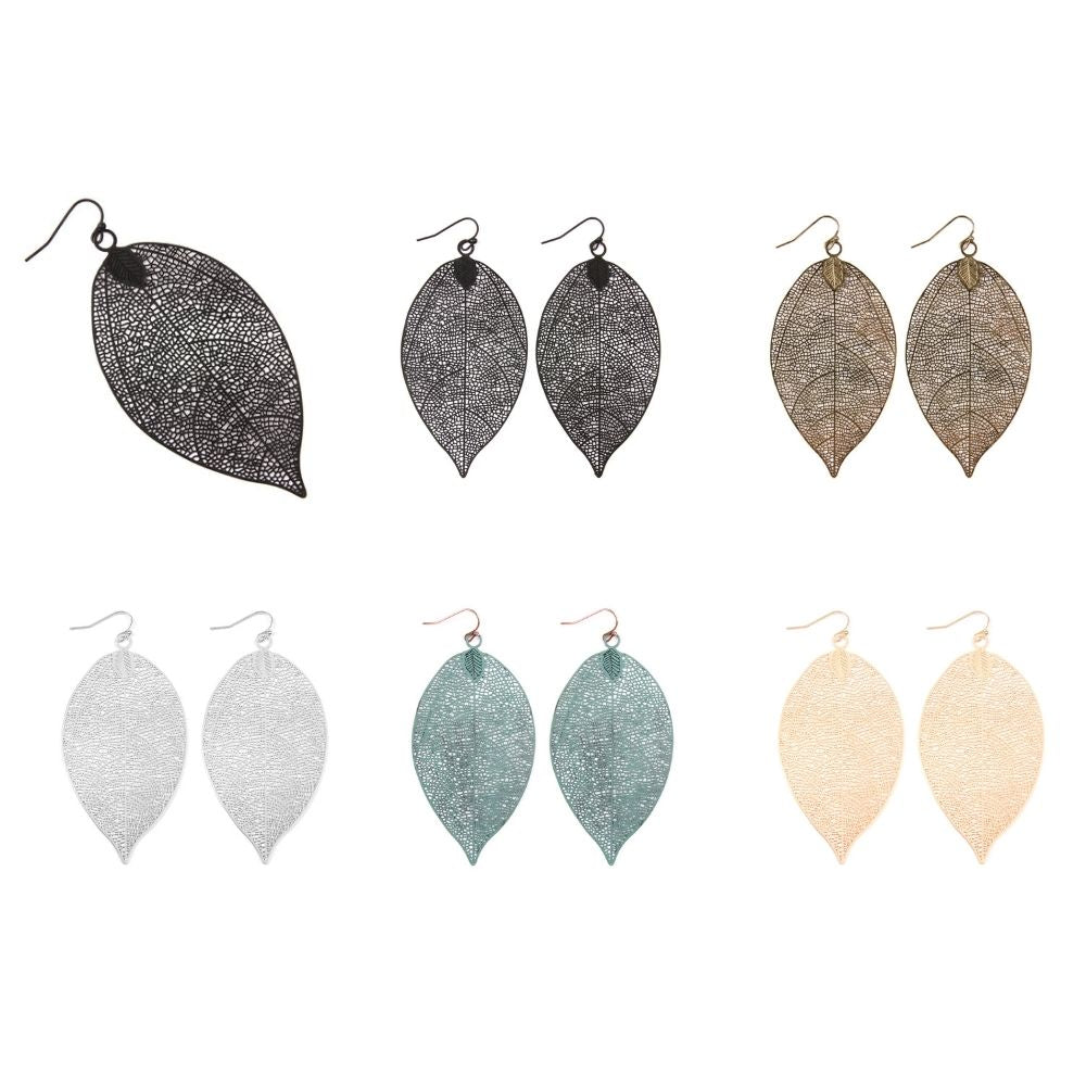 Fine Filigree Leaves Earrings in various colors, showcasing intricate leaf design and 3-inch drop length.