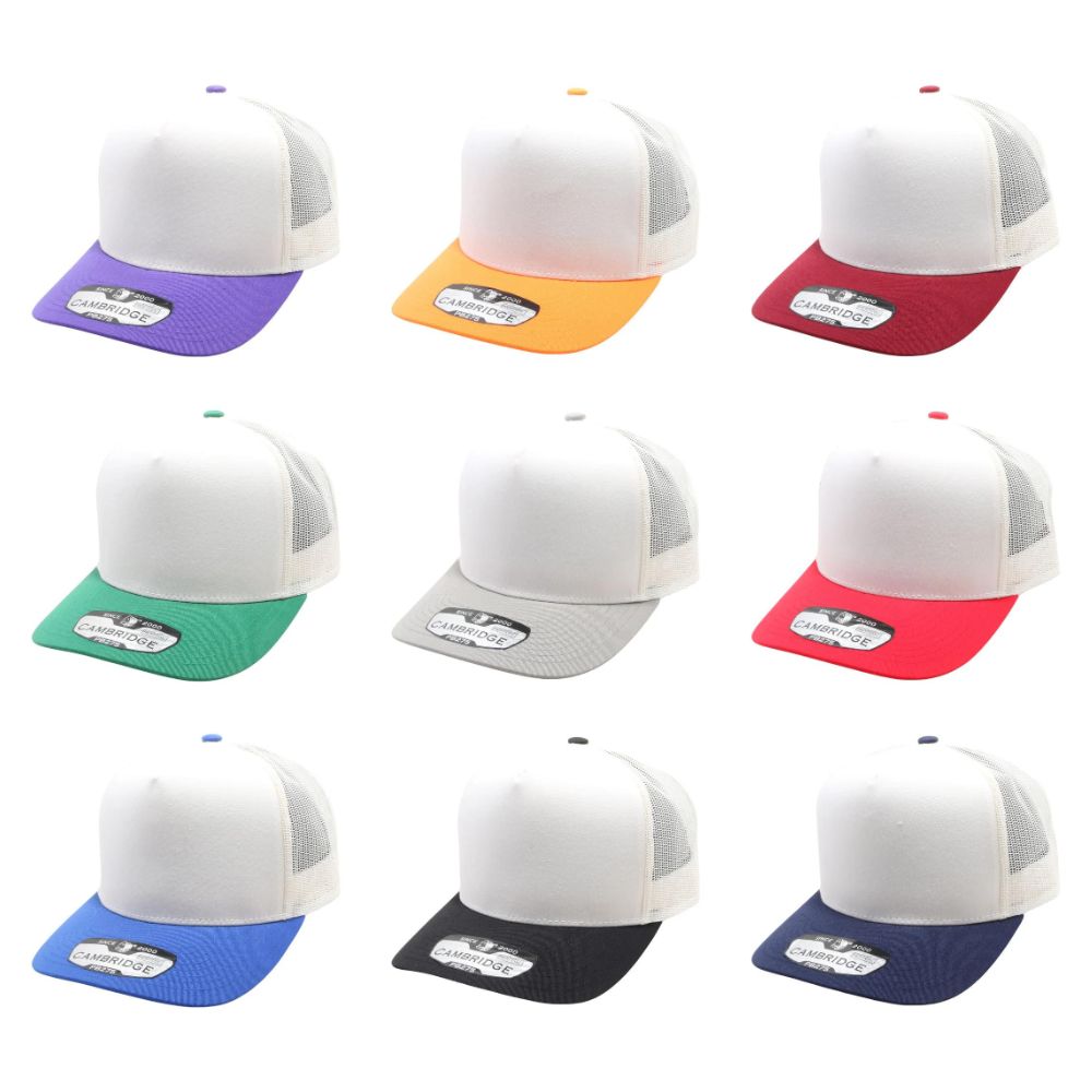 A pack of six FIVE PANEL 2-TONE HIGH FRAME MESHBACK caps featuring a stylish two-tone design and meshback for ventilation.