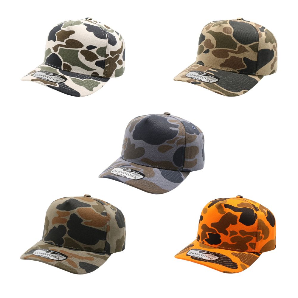 Pack of 6 Five Panel Old School Camo High Frame caps, featuring a high-profile crown, adjustable snapback, and curved visor for style and comfort.