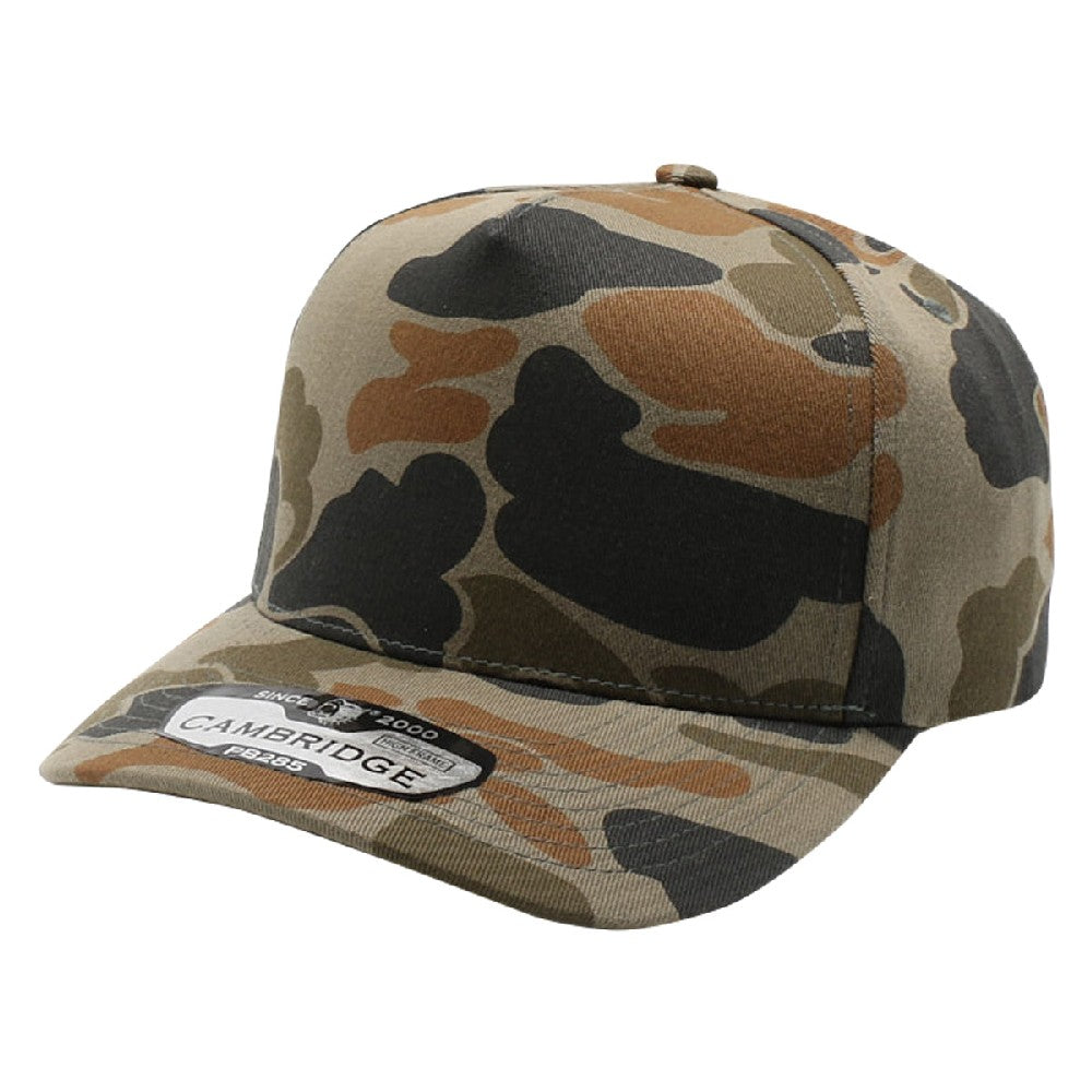 Pack of 6 Five Panel Old School Camo High Frame caps, featuring a high-profile crown, adjustable snapback, and curved visor for style and comfort.