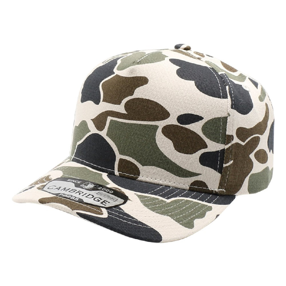 Pack of 6 Five Panel Old School Camo High Frame caps, featuring a high-profile crown, adjustable snapback, and curved visor for style and comfort.