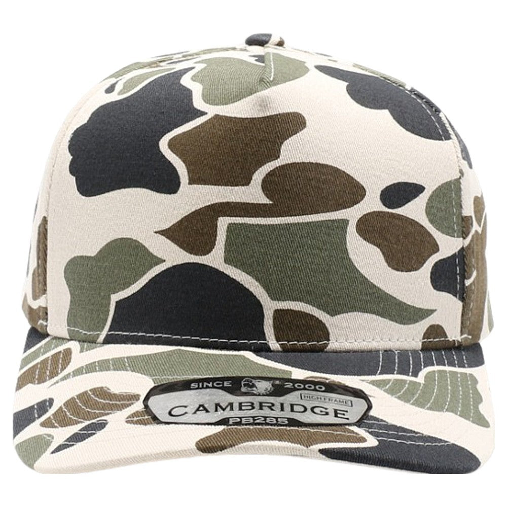Pack of 6 Five Panel Old School Camo High Frame caps, featuring a high-profile crown, adjustable snapback, and curved visor for style and comfort.