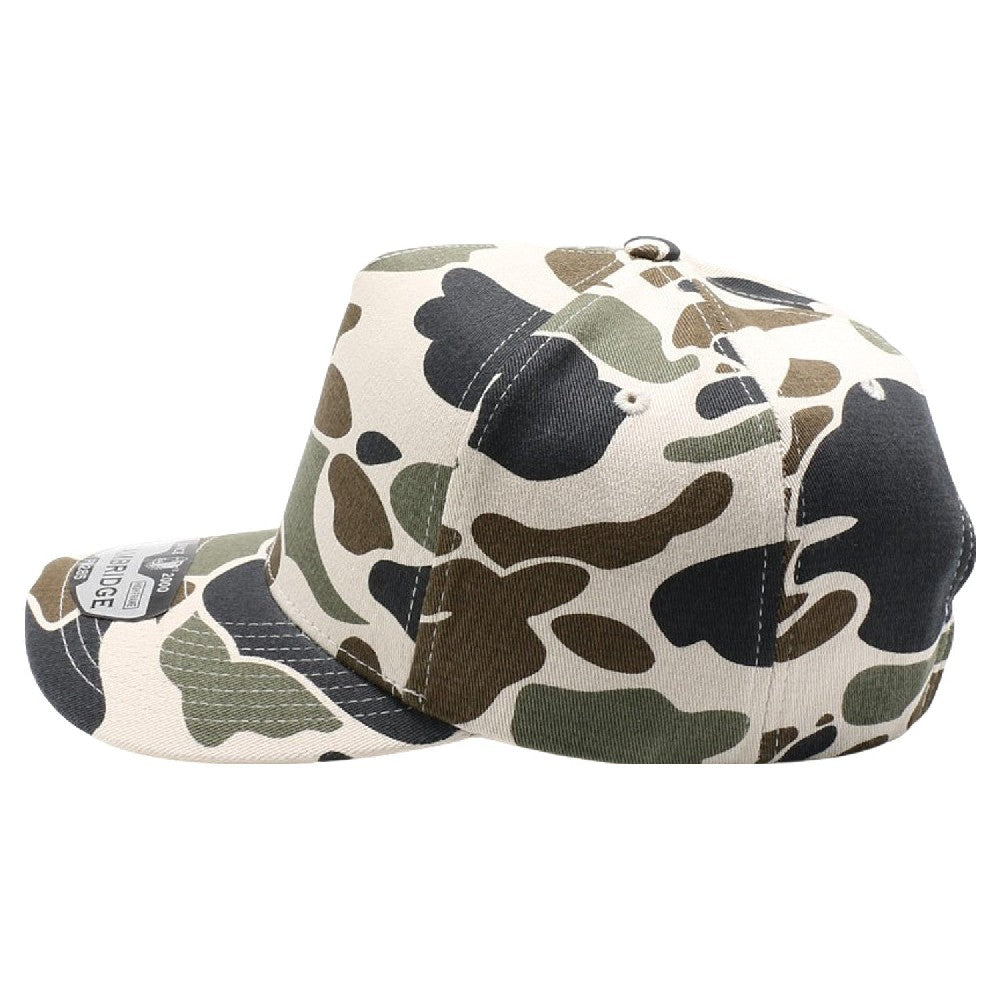 Pack of 6 Five Panel Old School Camo High Frame caps, featuring a high-profile crown, adjustable snapback, and curved visor for style and comfort.