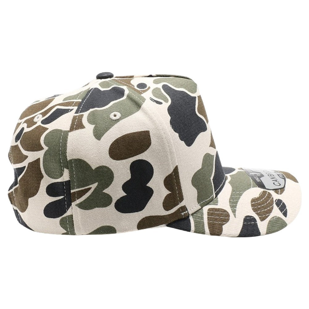 Pack of 6 Five Panel Old School Camo High Frame caps, featuring a high-profile crown, adjustable snapback, and curved visor for style and comfort.