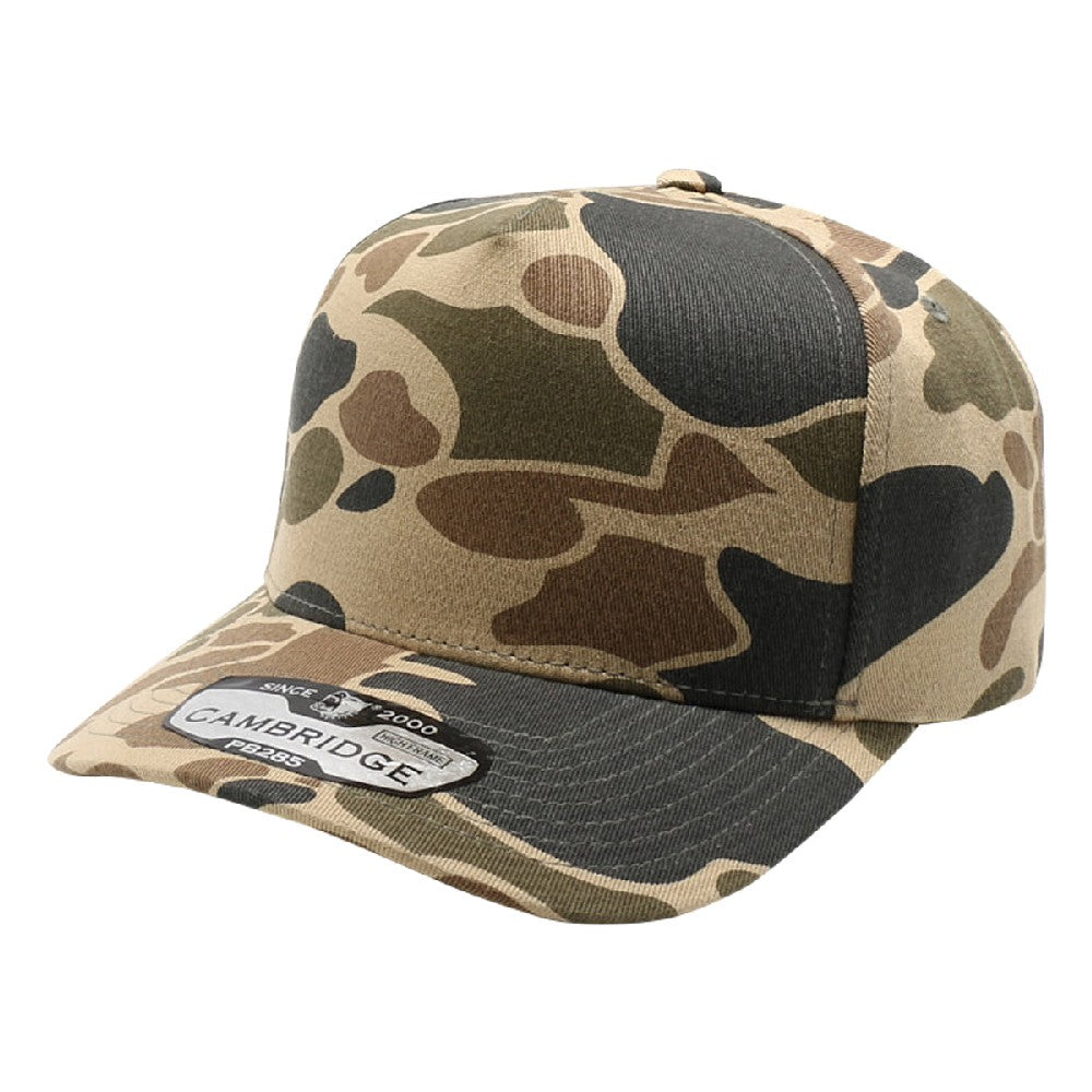 Pack of 6 Five Panel Old School Camo High Frame caps, featuring a high-profile crown, adjustable snapback, and curved visor for style and comfort.