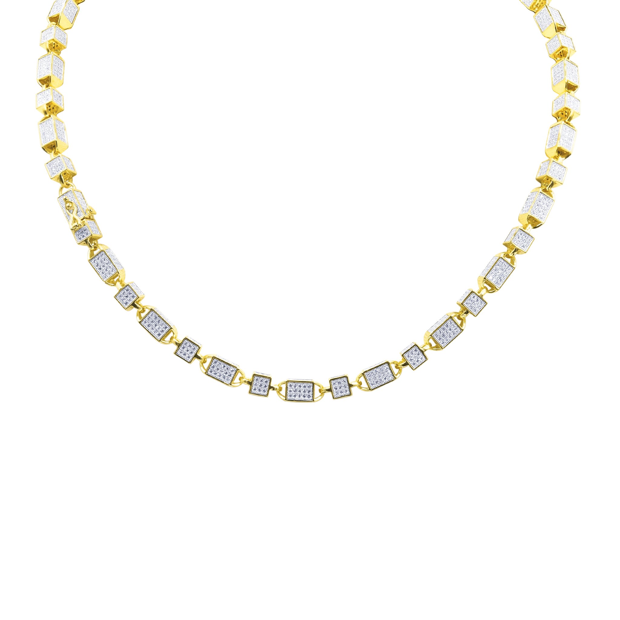 Flamboyant CZ Chain featuring rectangular cubic zirconia stones set in brass metal with rhodium and gold plating options.
