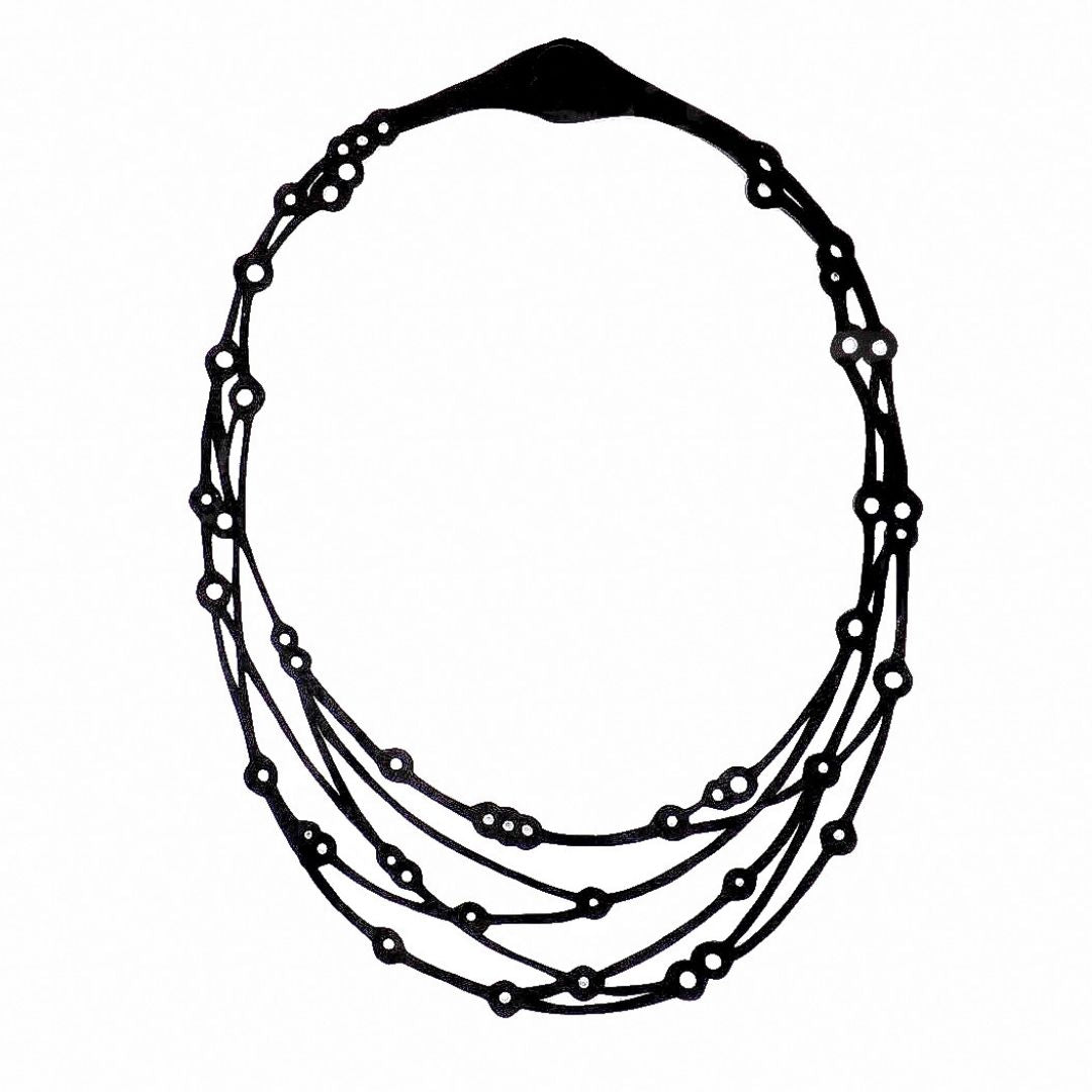 Flare Reclaimed Rubber Necklace made from recycled tyre inner tubes, featuring a multi-strap design and a button snap fastener.