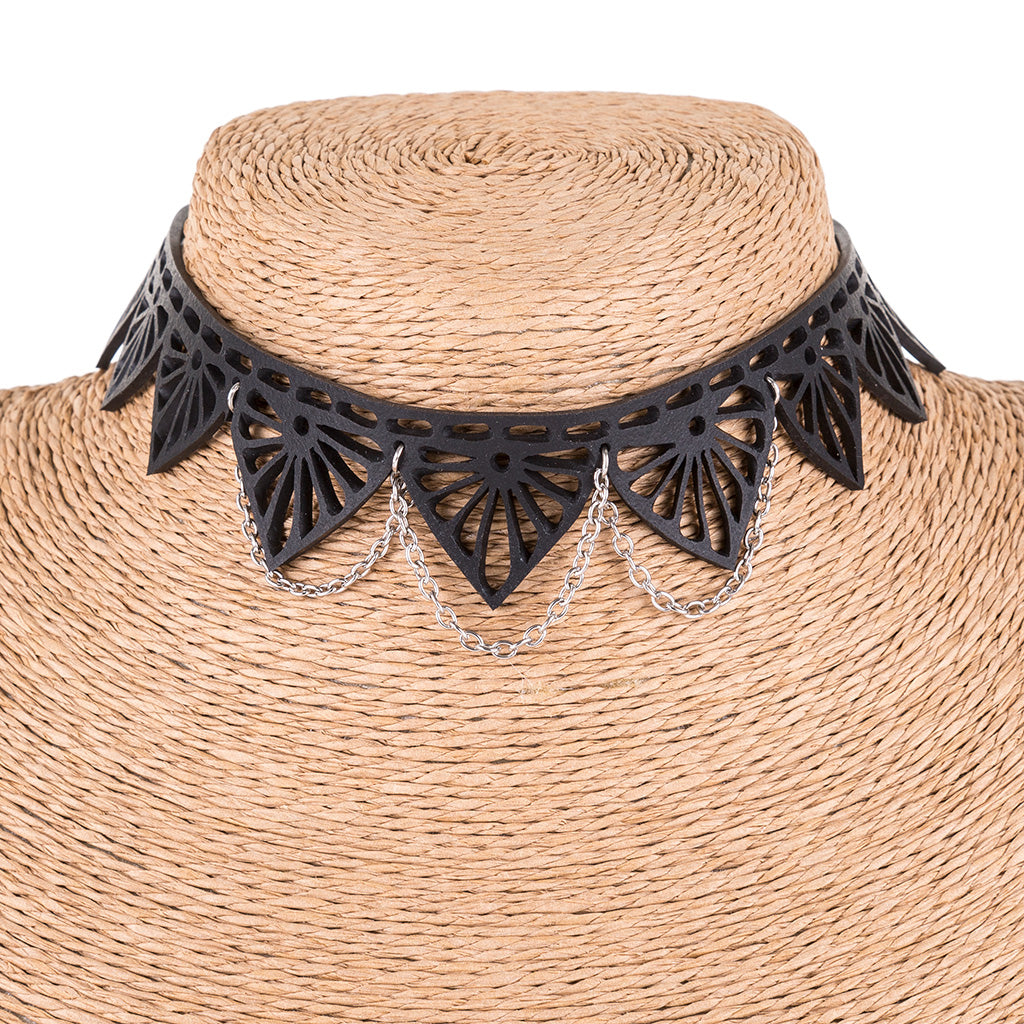 Florence intricately handcrafted choker made from vegan recycled rubber with Art Deco design and adjustable length.