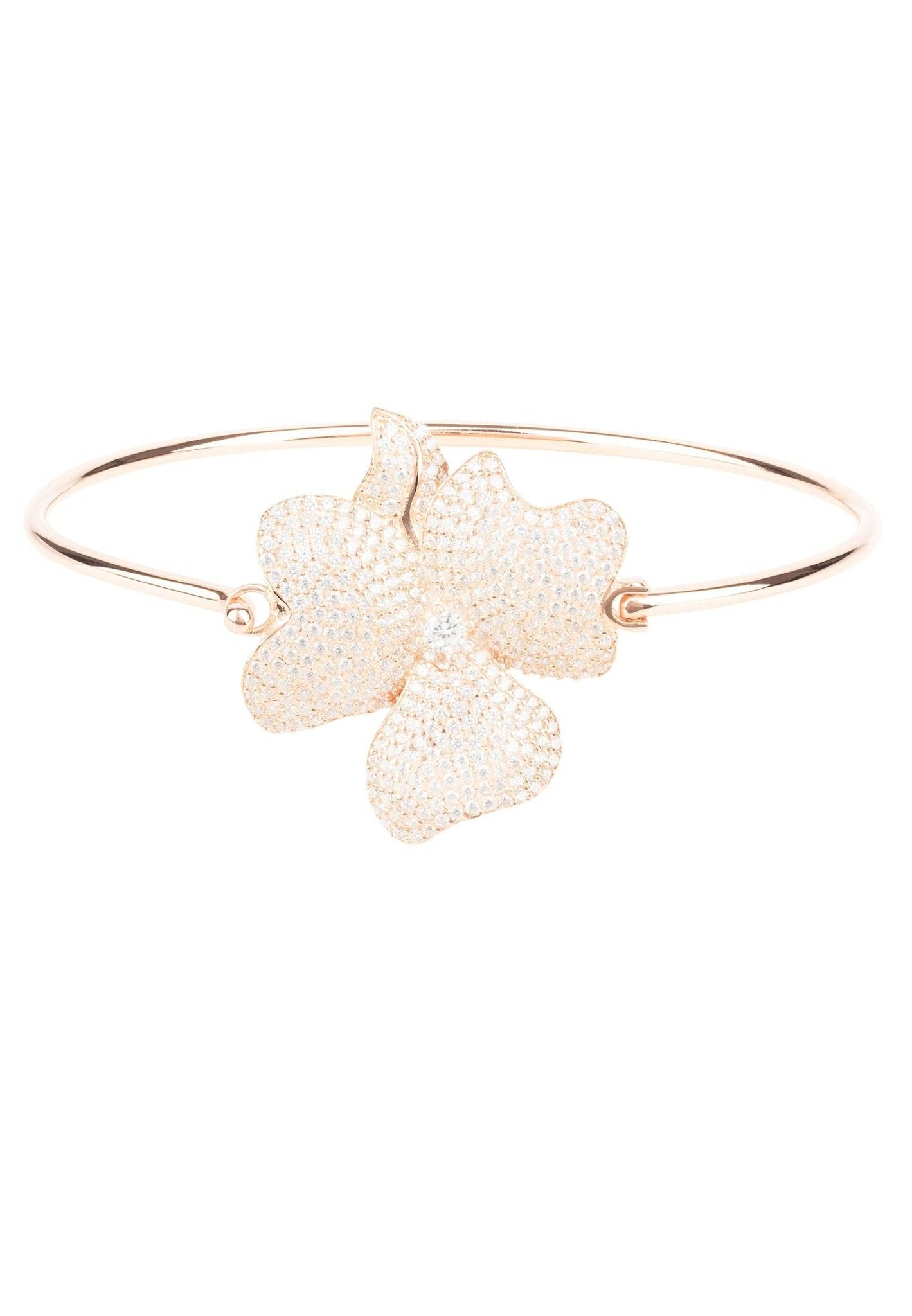 Flower Large Statement Cuff Bracelet in rosegold with cubic zirconia flower motif, elegantly designed for special occasions.
