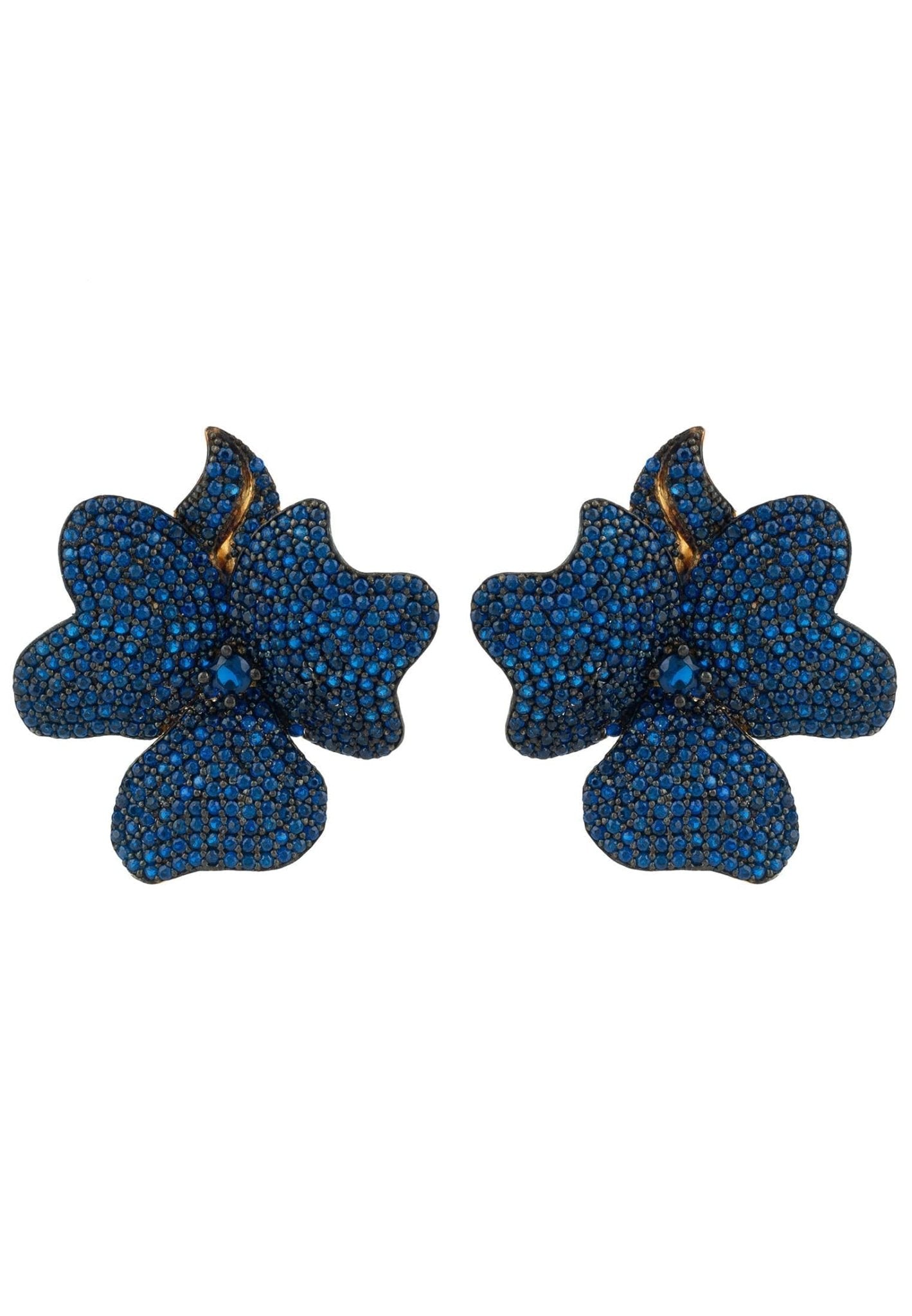 Elegant Flower Large Stud Earrings in Gold with Sapphire Blue cubic zirconia, showcasing a stunning floral design.