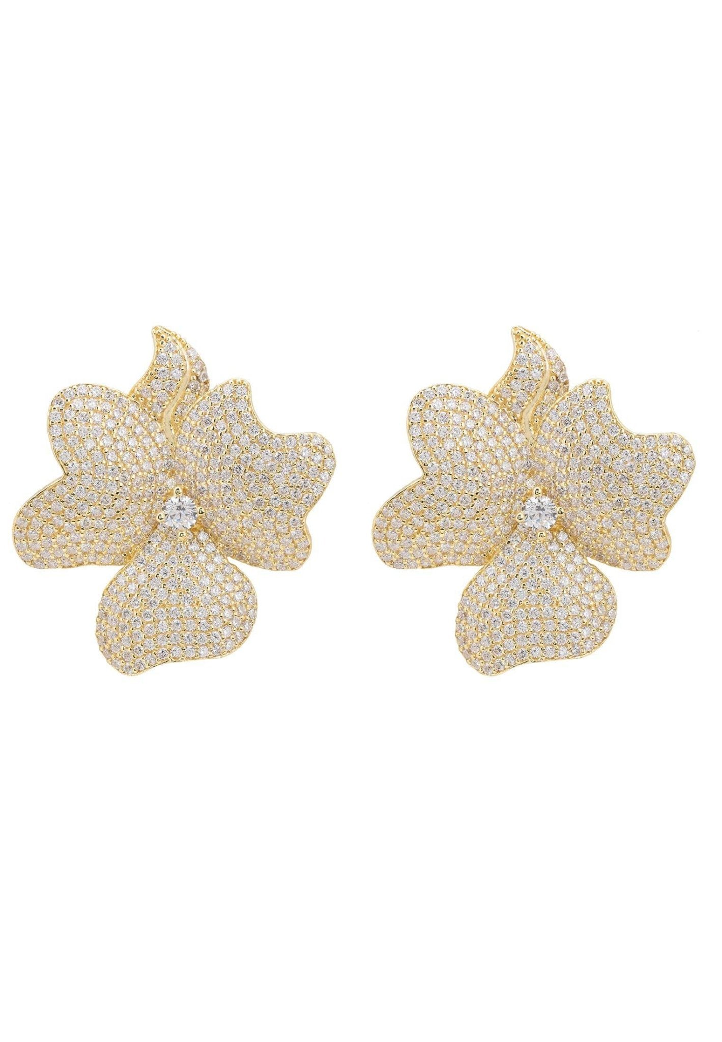 Elegant Flower Large Stud Earrings in Gold with sparkling cubic zirconia, crafted from sterling silver and dipped in 22ct gold.