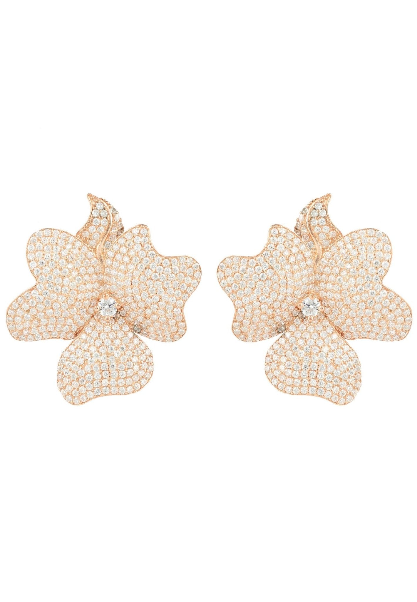 Elegant Flower Large Stud Earrings in rose gold with sparkling cubic zirconia, showcasing a beautiful floral design.
