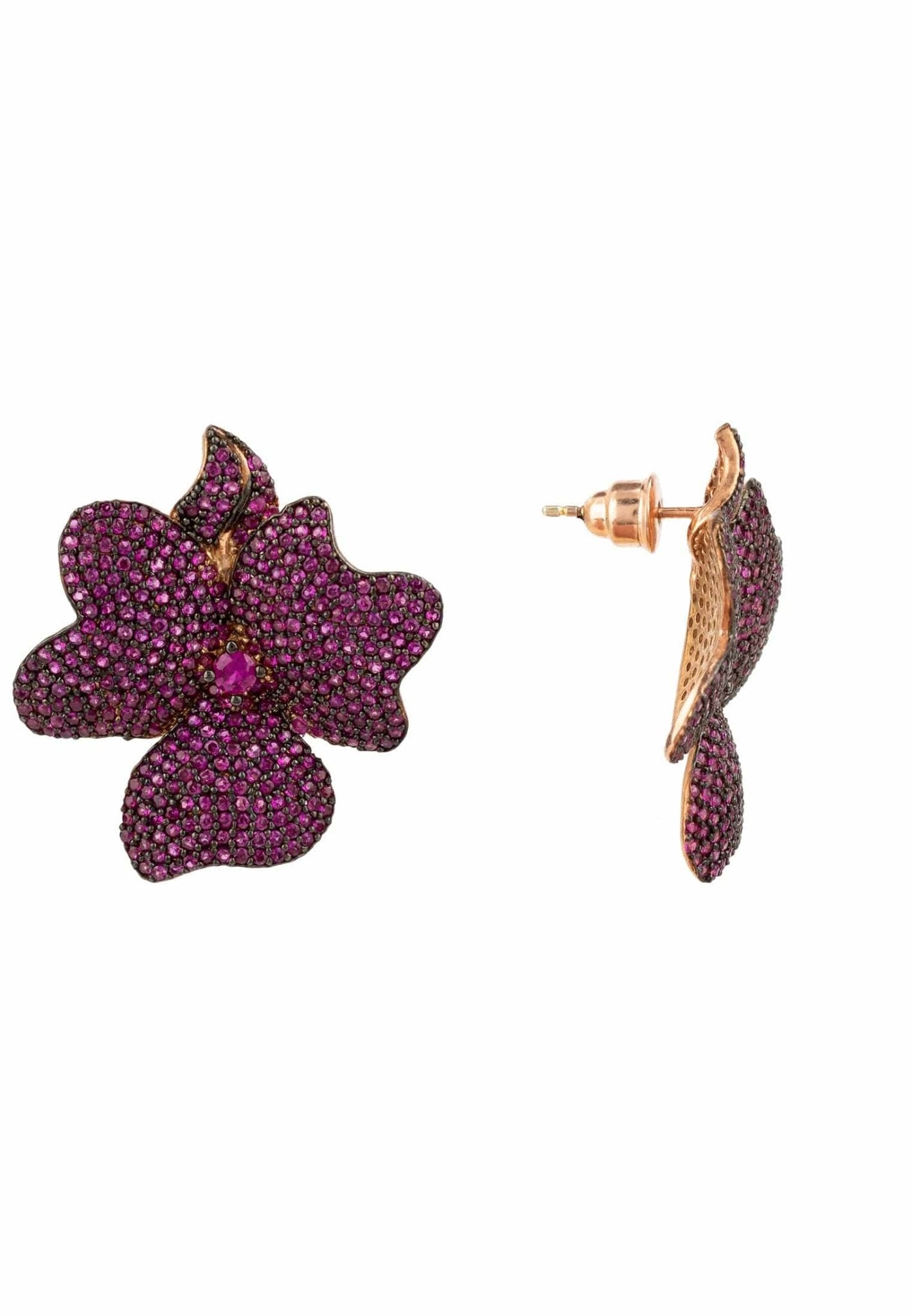 Elegant Flower Large Stud Earrings featuring ruby cubic zirconia set in rose gold plated sterling silver.