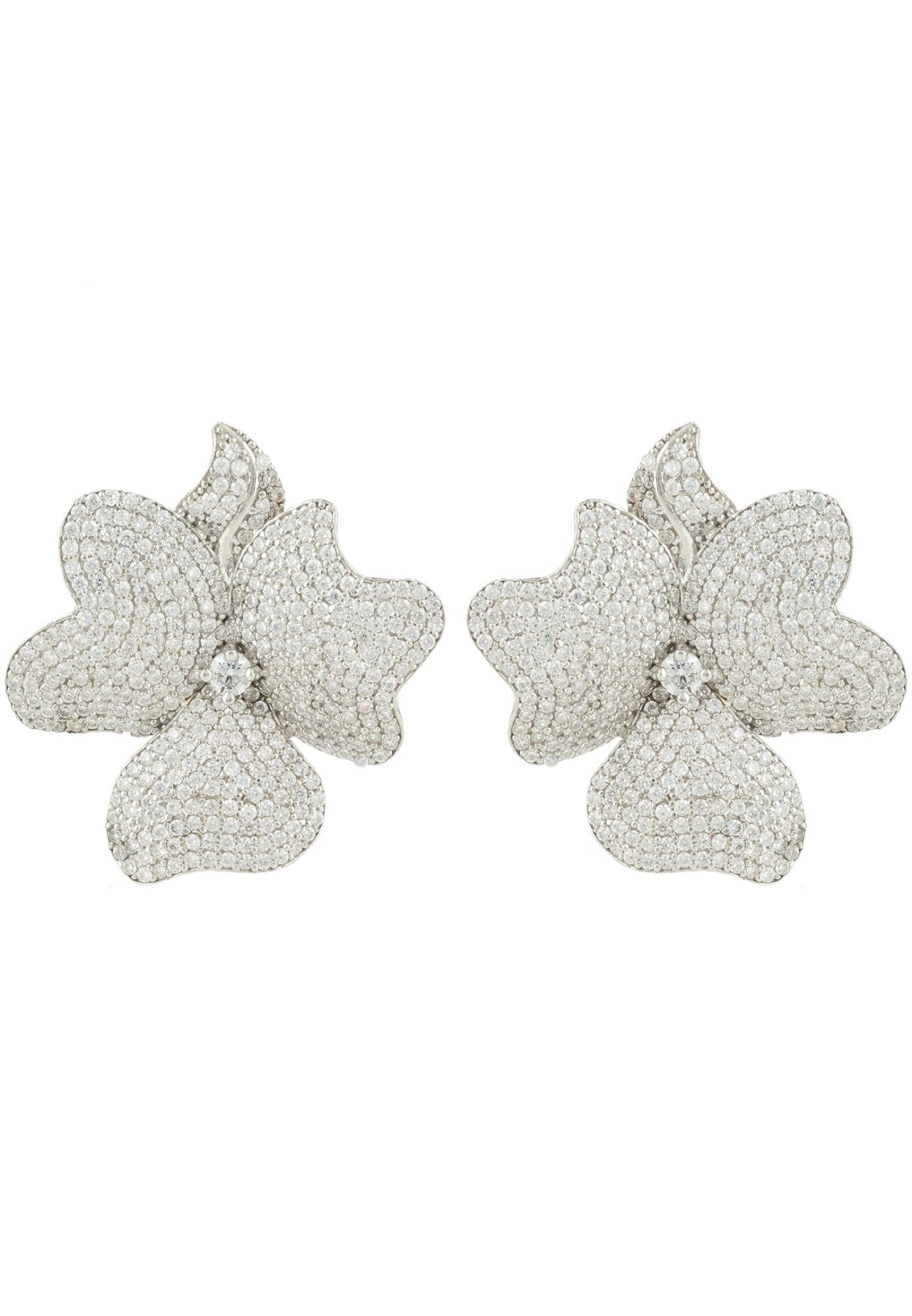 Elegant Flower Large Stud Earrings in silver with sparkling cubic zirconia stones, showcasing a floral design.