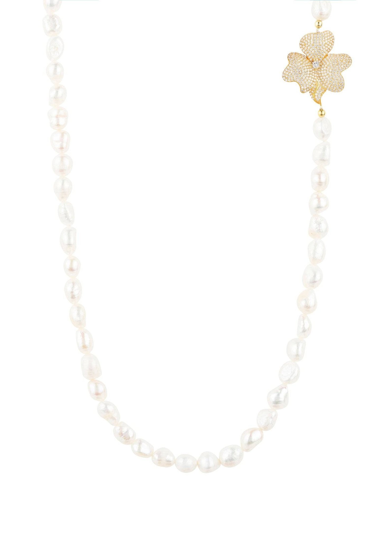 Flower Pearl Gemstone Long Necklace featuring a zirconia-encrusted flower design, crafted from 925 sterling silver dipped in 22ct gold with natural Tiffany Pearls.