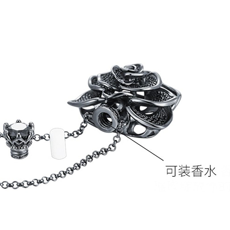 Elegant flower perfume open black plating necklace for women, featuring an adjustable chain and a beautiful floral design.