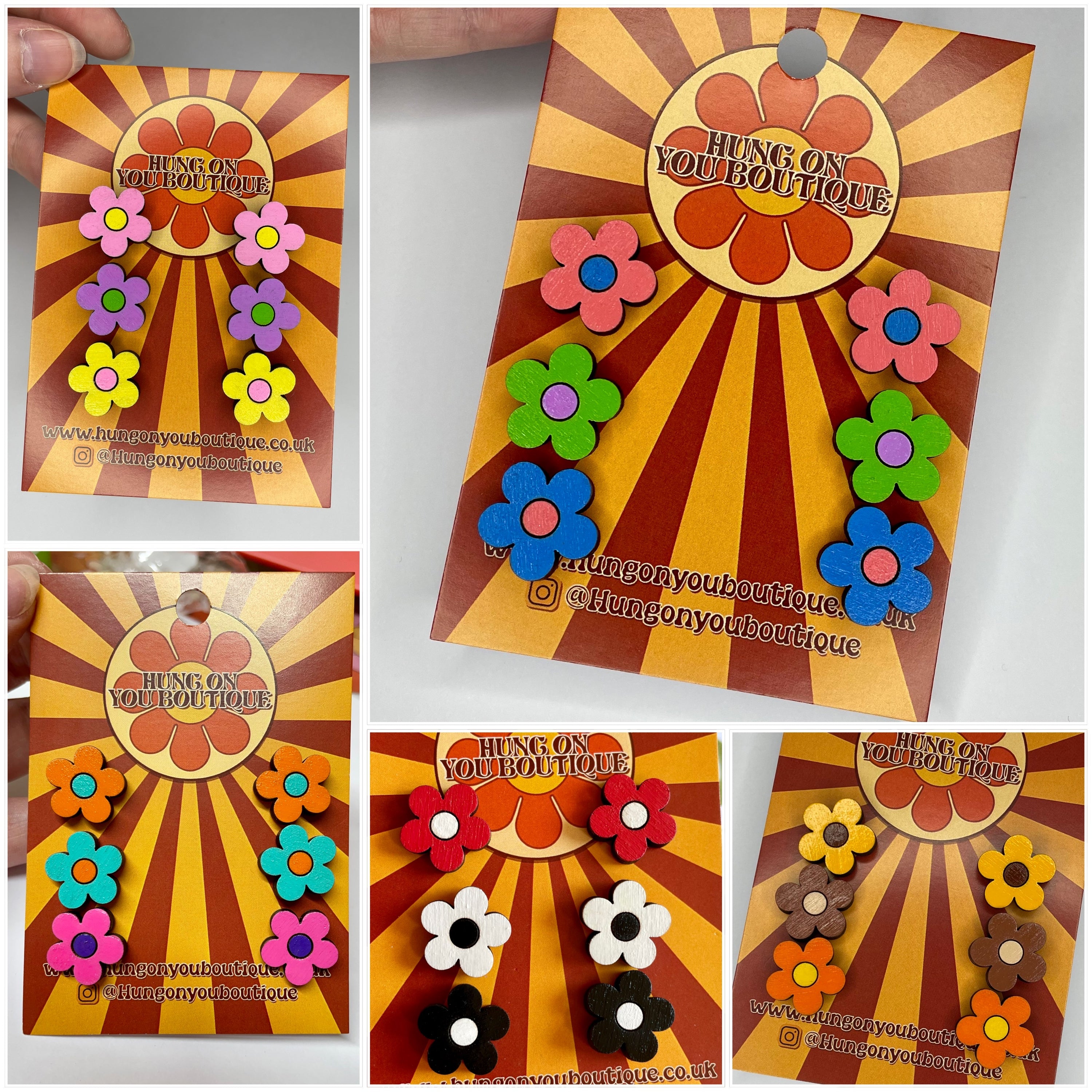 A vibrant collection of Flower Studs 3 Pack featuring colorful flower designs made from sustainable Birch Plywood.