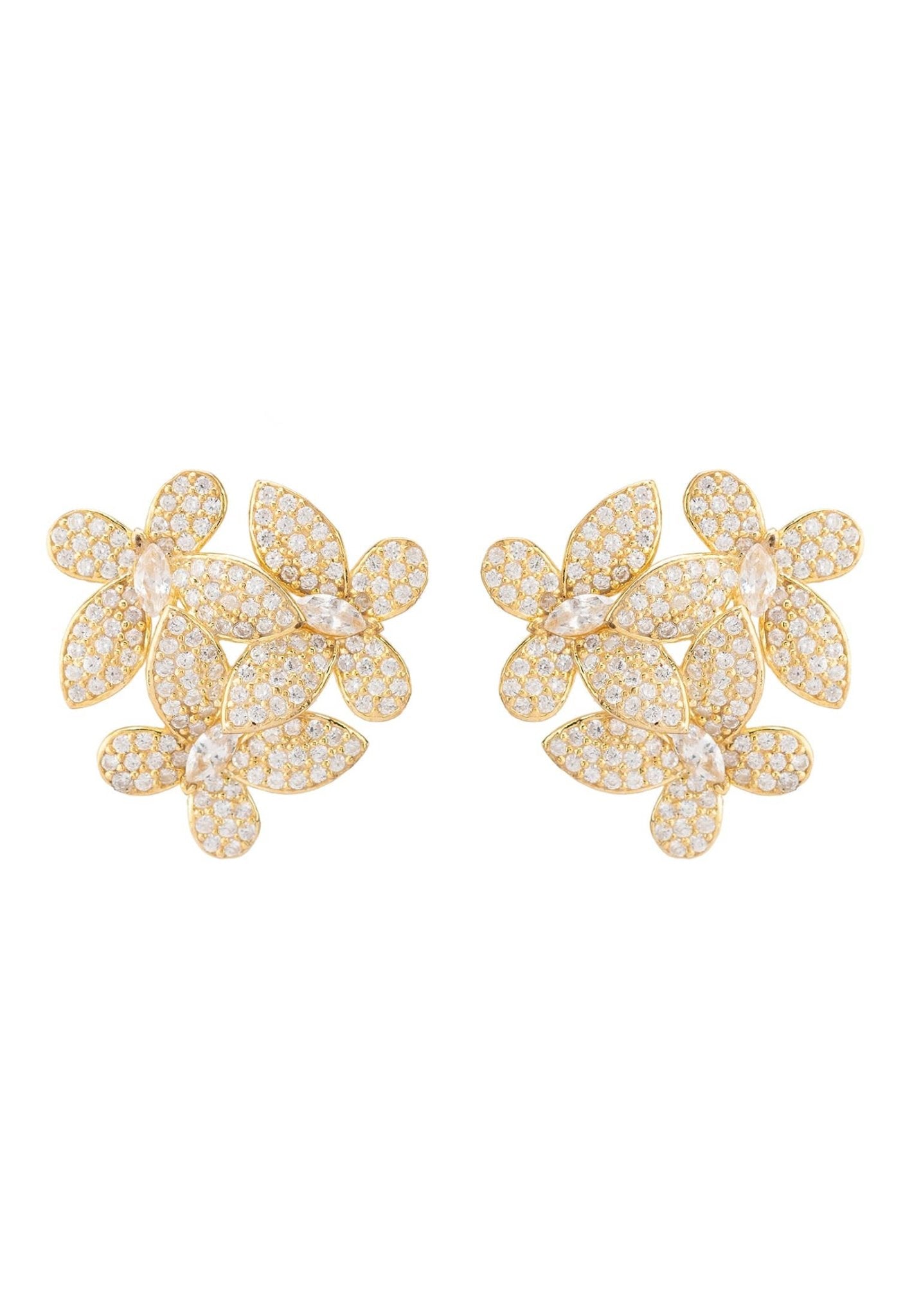 Elegant Flowers Large Stud Earrings in Gold with sparkling cubic zirconia, featuring a floral design and crafted from sterling silver.