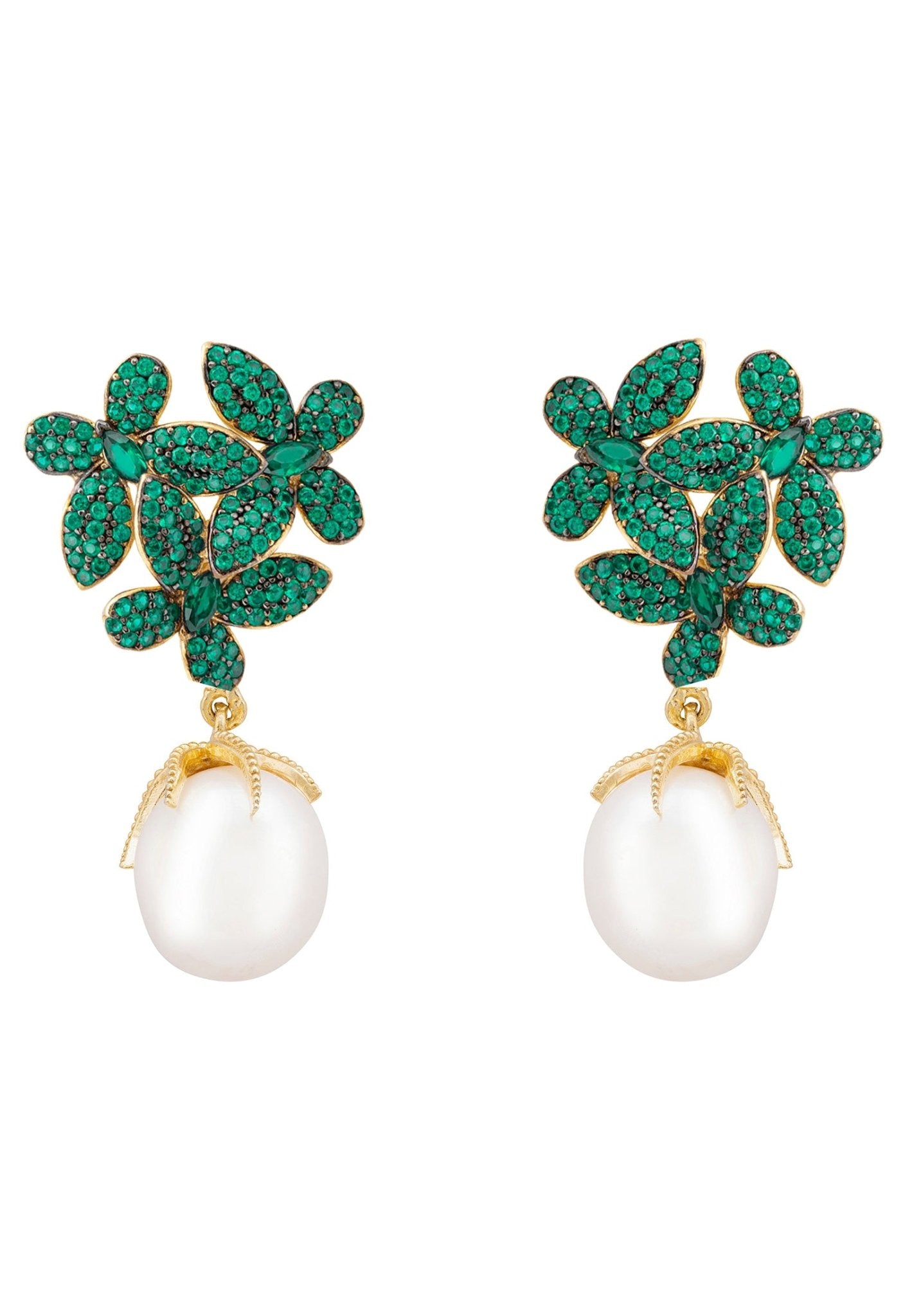 Elegant Flowers Pearl Earrings featuring emerald green cubic zirconia and gold-plated sterling silver, showcasing a floral design with baroque pearls.