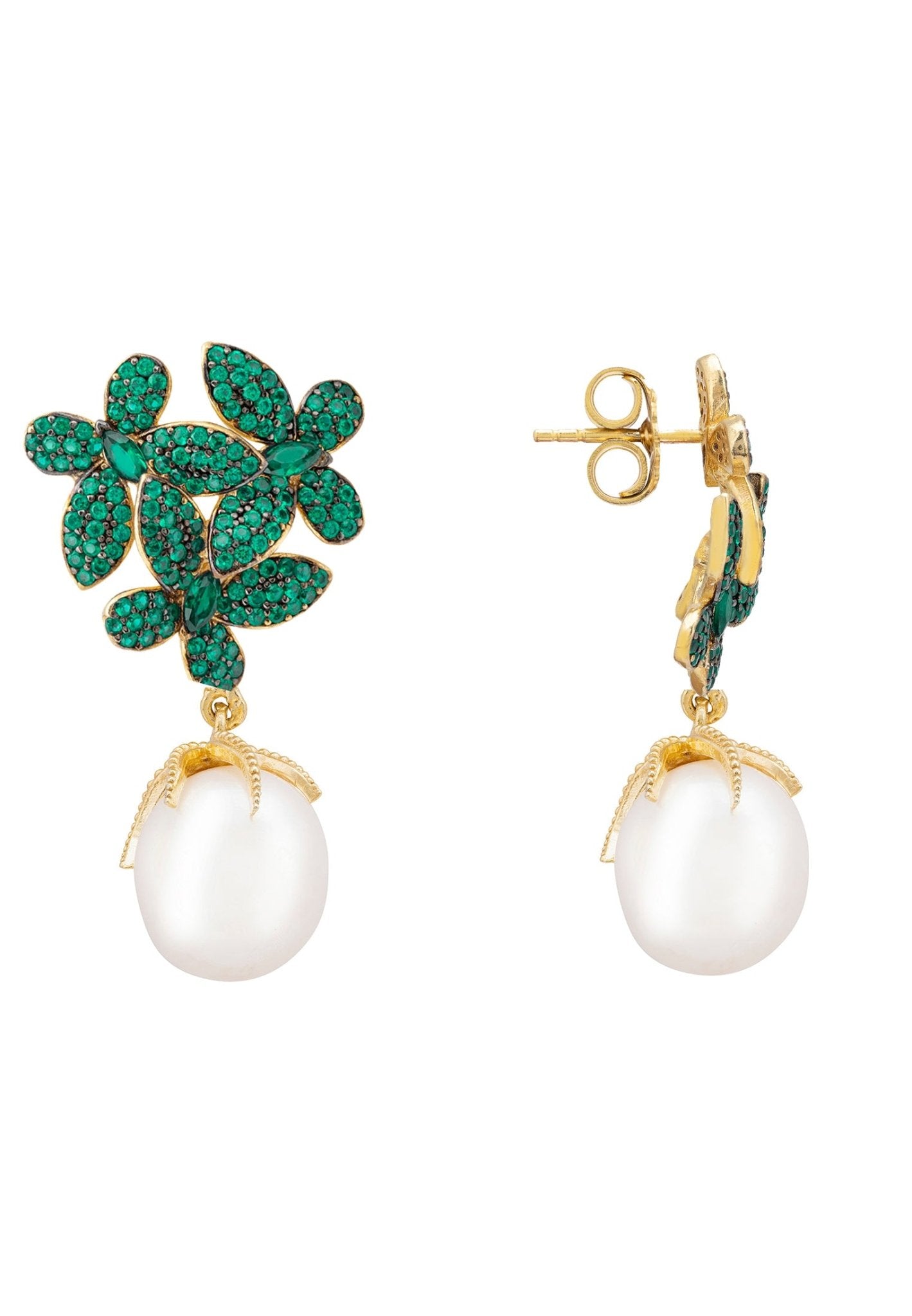 Elegant Flowers Pearl Earrings featuring emerald green cubic zirconia and gold-plated sterling silver, showcasing a floral design with baroque pearls.