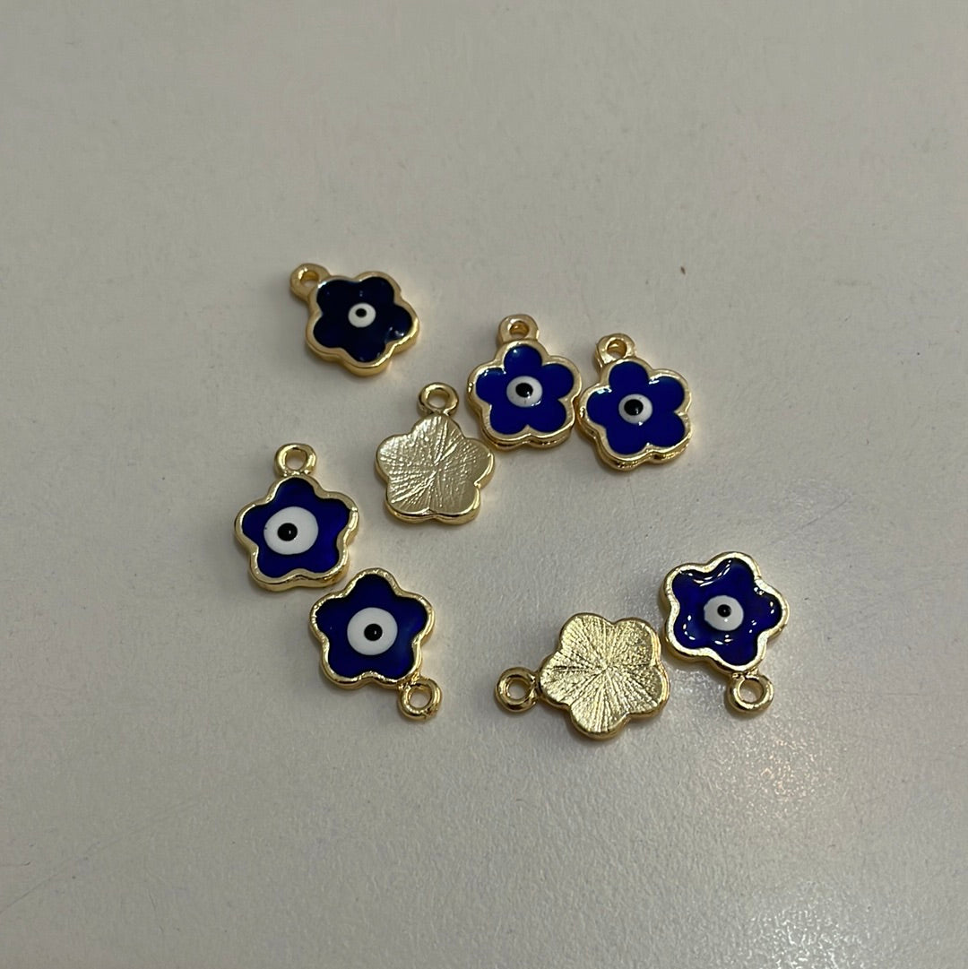 Five pieces of Four Leaf Clover Evil Eye Charms, gold plated with dual-sided design, perfect for jewelry making.