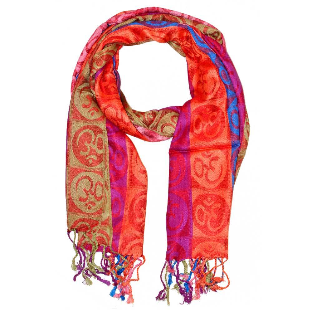 A beautifully handwoven scarf featuring the Om meditation symbol in four vibrant colors with braided tassels.