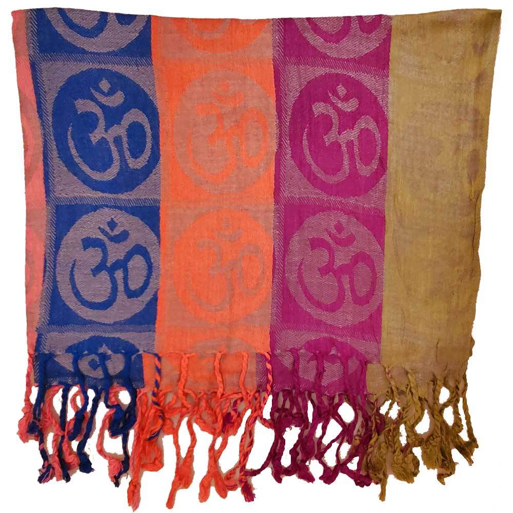 A beautifully handwoven scarf featuring the Om meditation symbol in four vibrant colors with braided tassels.