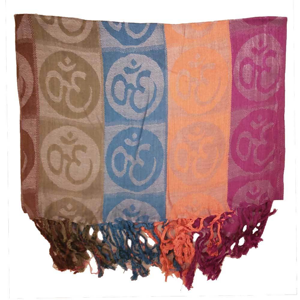 A beautifully handwoven scarf featuring the Om meditation symbol in four vibrant colors with braided tassels.