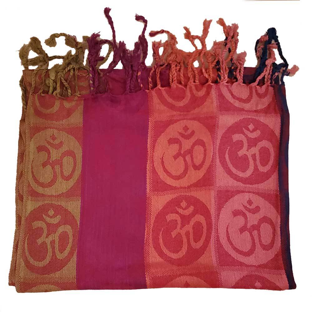 A beautifully handwoven scarf featuring the Om meditation symbol in four vibrant colors with braided tassels.