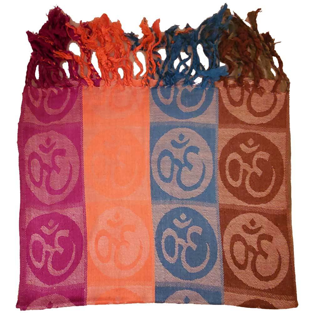 A beautifully handwoven scarf featuring the Om meditation symbol in four vibrant colors with braided tassels.